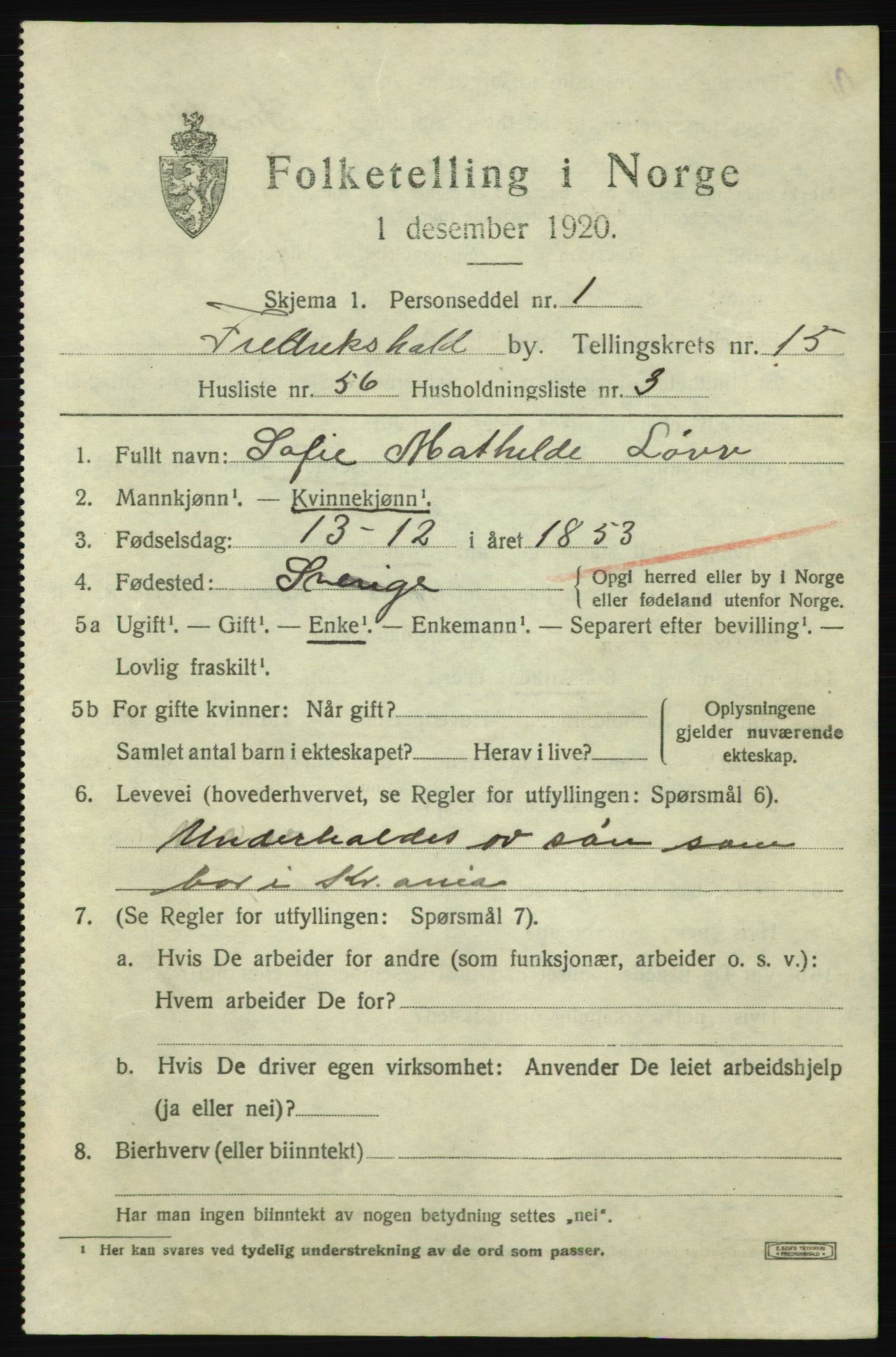 SAO, 1920 census for Fredrikshald, 1920, p. 24484