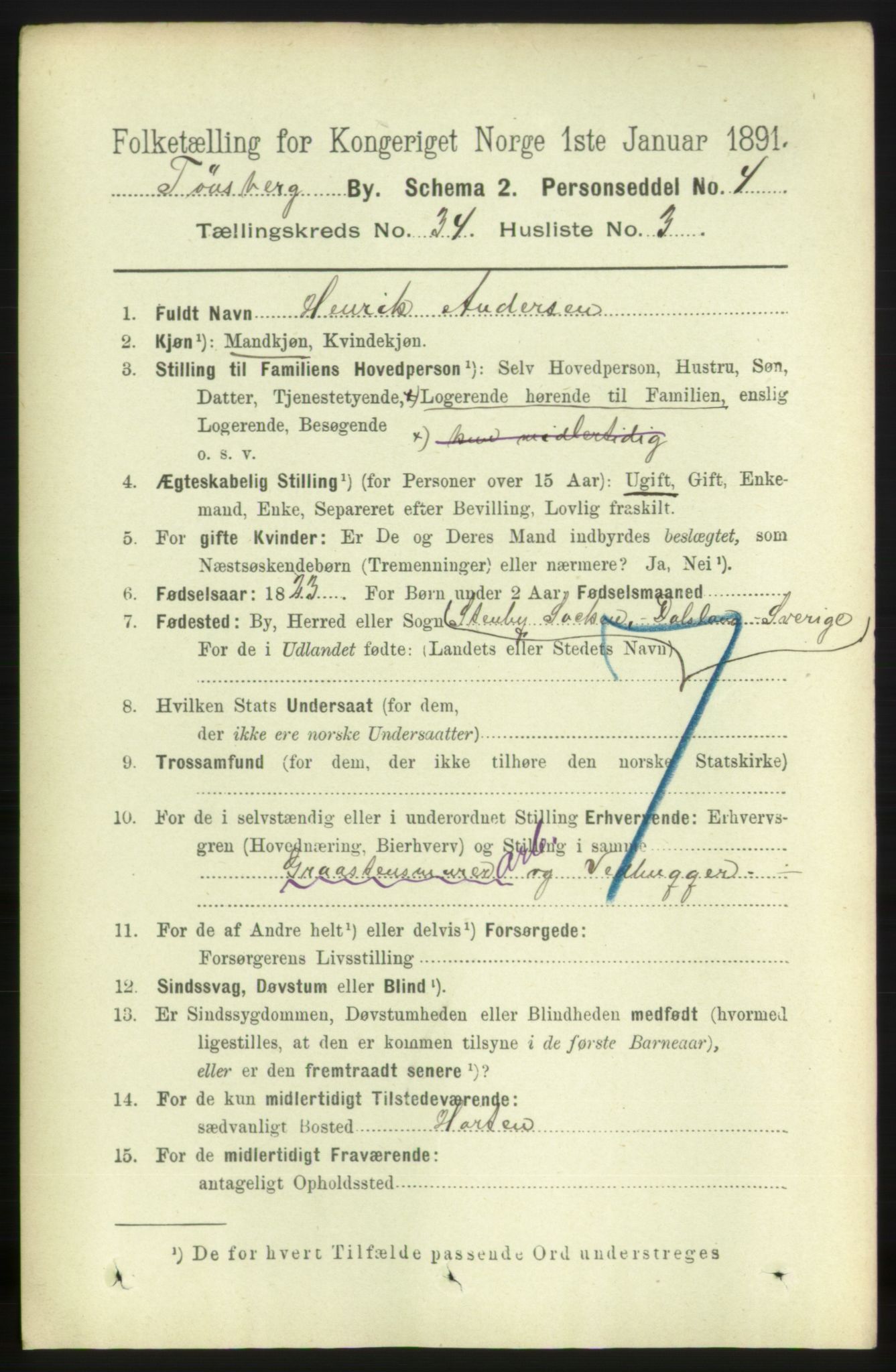 RA, 1891 census for 0705 Tønsberg, 1891, p. 7696