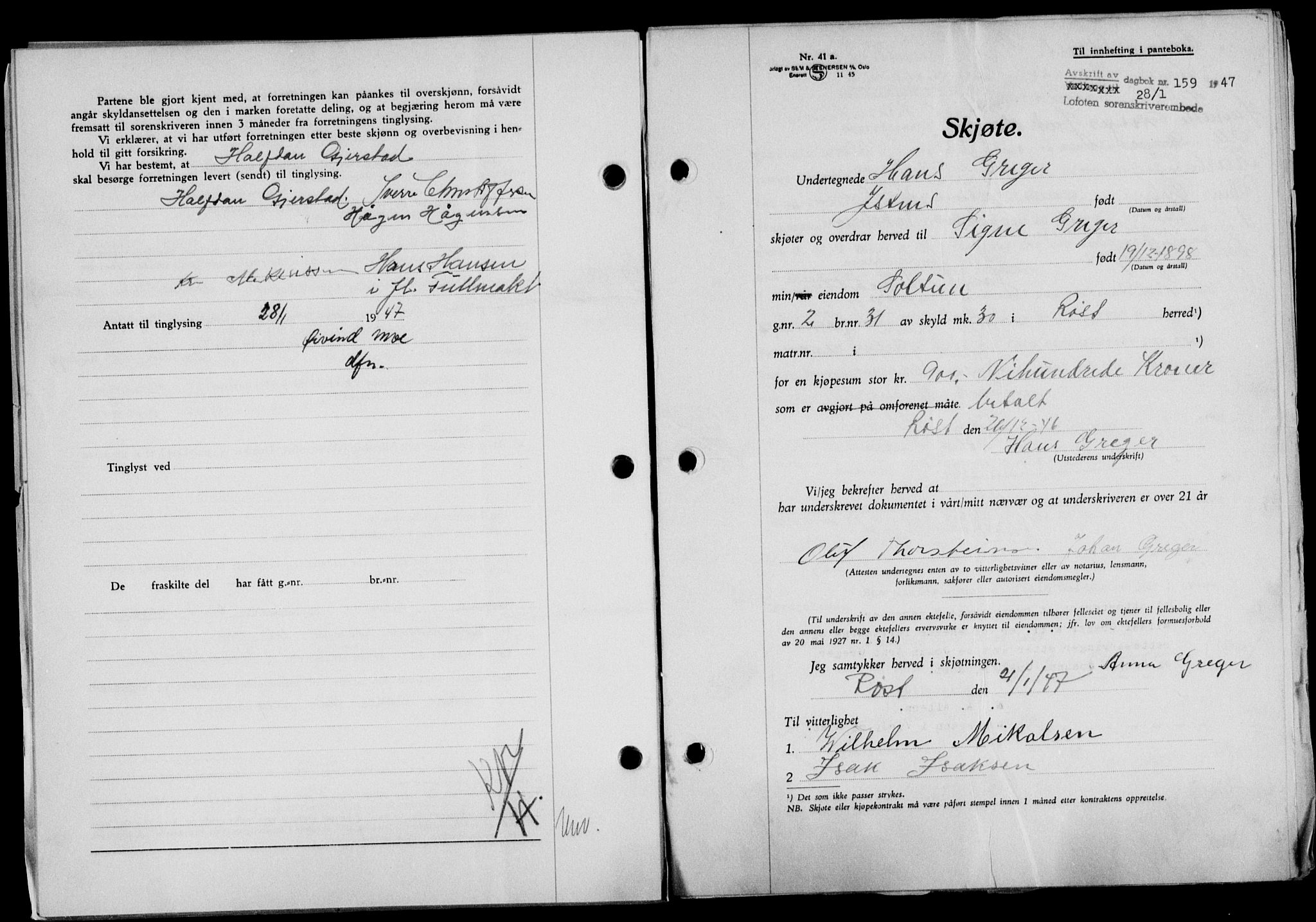 Lofoten sorenskriveri, SAT/A-0017/1/2/2C/L0015a: Mortgage book no. 15a, 1946-1947, Diary no: : 159/1947