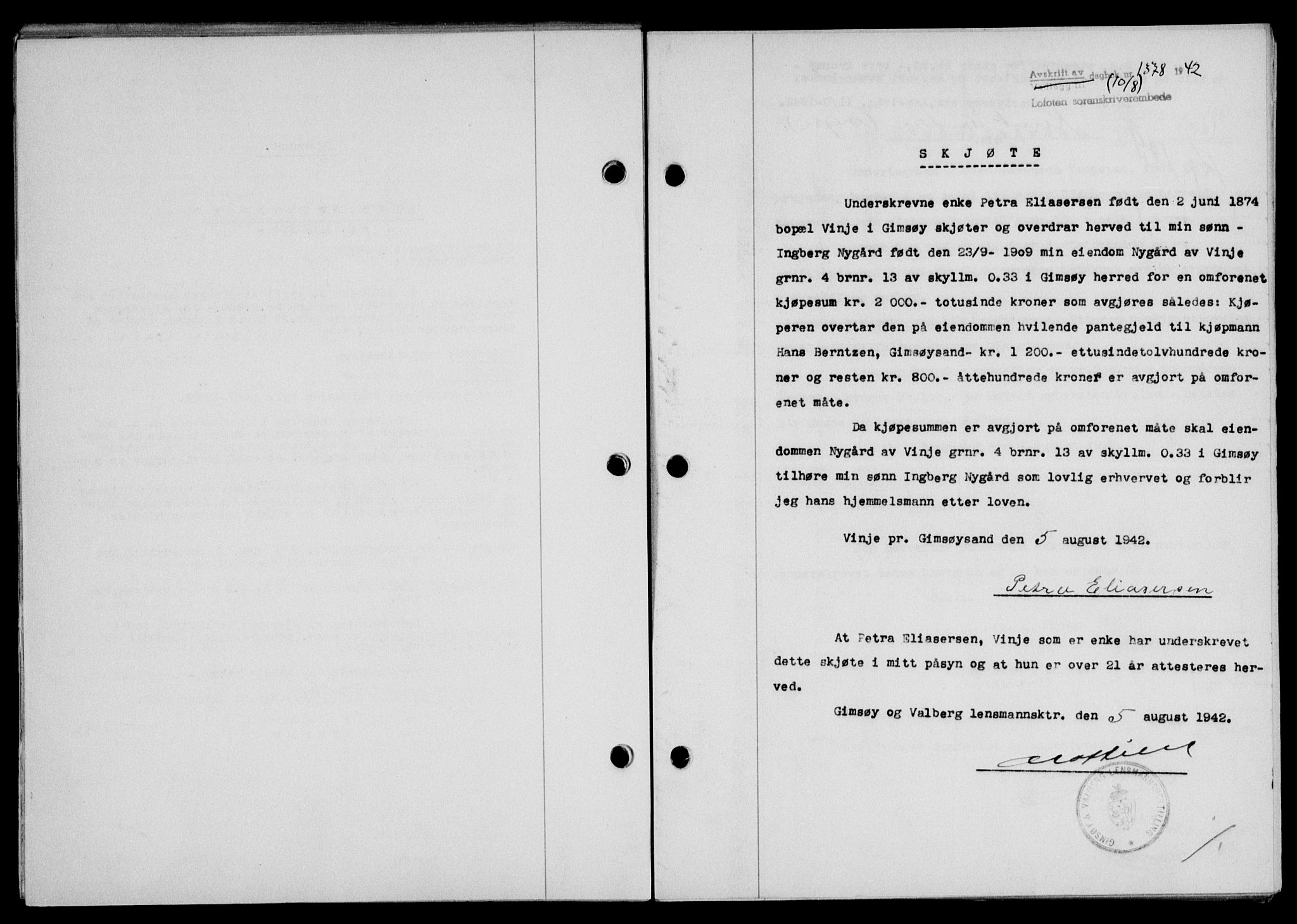 Lofoten sorenskriveri, SAT/A-0017/1/2/2C/L0010a: Mortgage book no. 10a, 1942-1943, Diary no: : 1378/1942