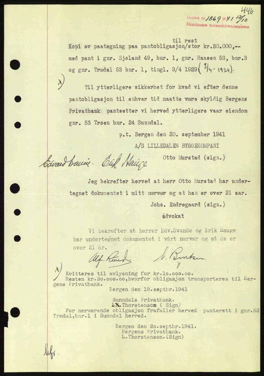 Nordmøre sorenskriveri, SAT/A-4132/1/2/2Ca: Mortgage book no. B88, 1941-1942, Diary no: : 1869/1941