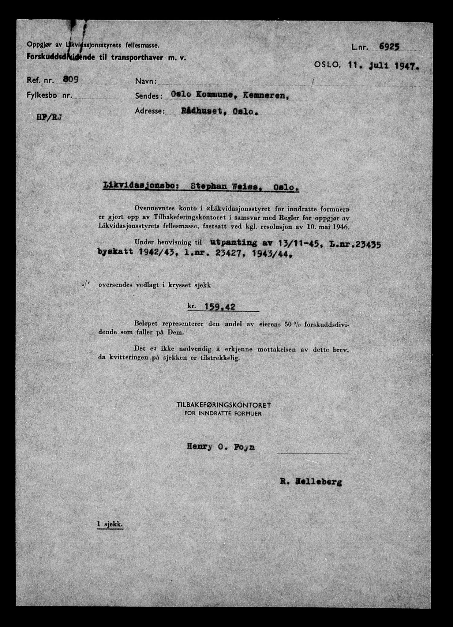 Justisdepartementet, Tilbakeføringskontoret for inndratte formuer, AV/RA-S-1564/H/Hc/Hcc/L0986: --, 1945-1947, p. 272