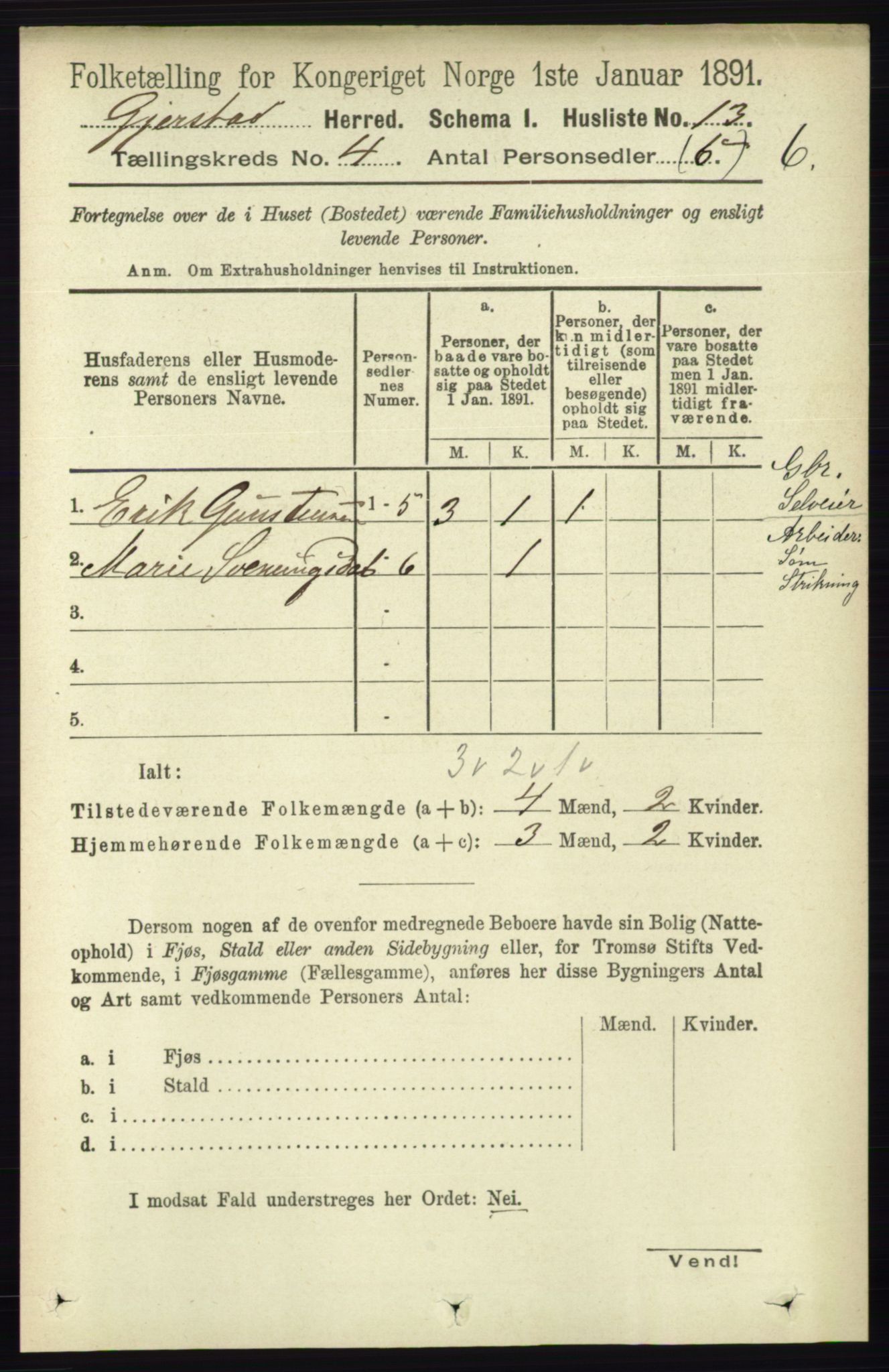 RA, 1891 census for 0911 Gjerstad, 1891, p. 1450