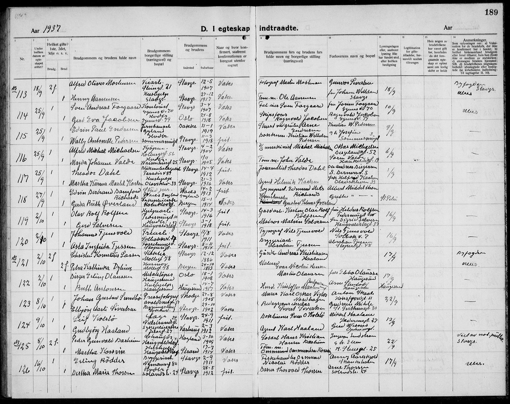 Domkirken sokneprestkontor, AV/SAST-A-101812/001/30/30BB/L0020: Parish register (copy) no. B 20, 1921-1937, p. 189