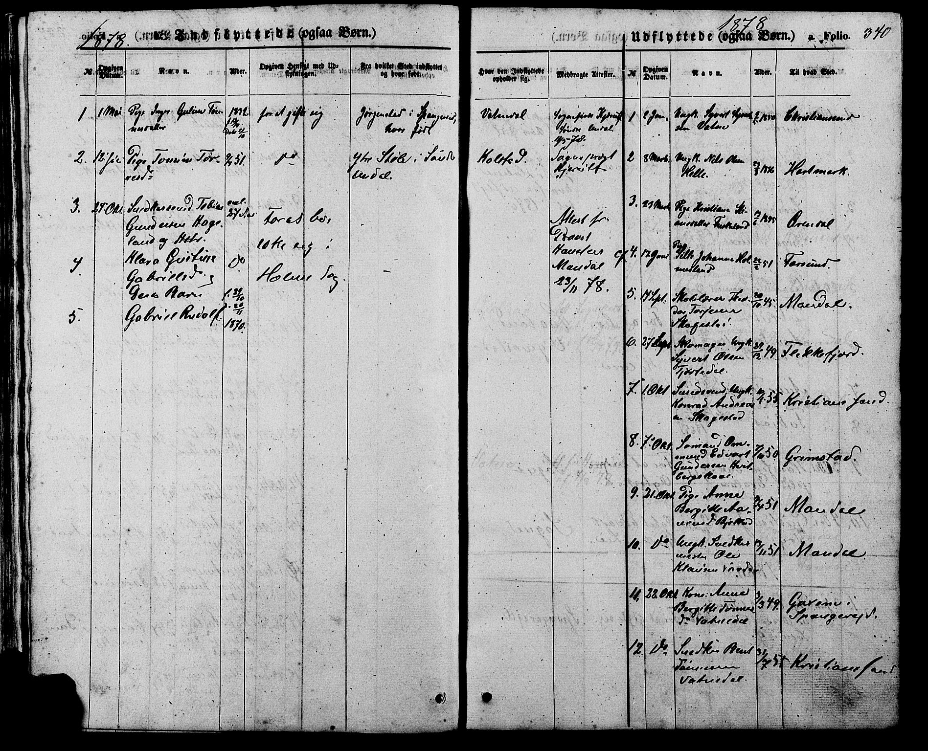 Holum sokneprestkontor, AV/SAK-1111-0022/F/Fb/Fba/L0004: Parish register (copy) no. B 4, 1867-1890, p. 340