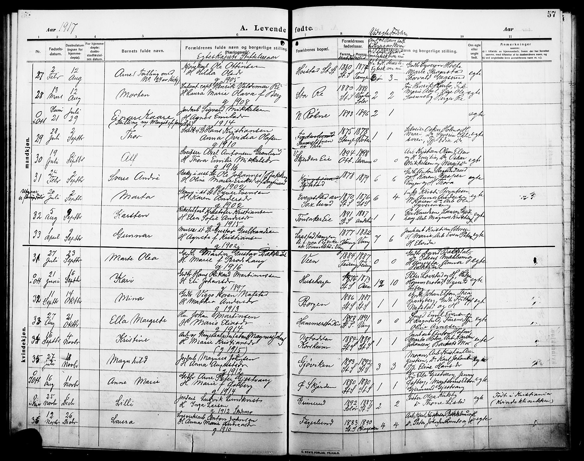 Stange prestekontor, AV/SAH-PREST-002/L/L0014: Parish register (copy) no. 14, 1909-1917, p. 57