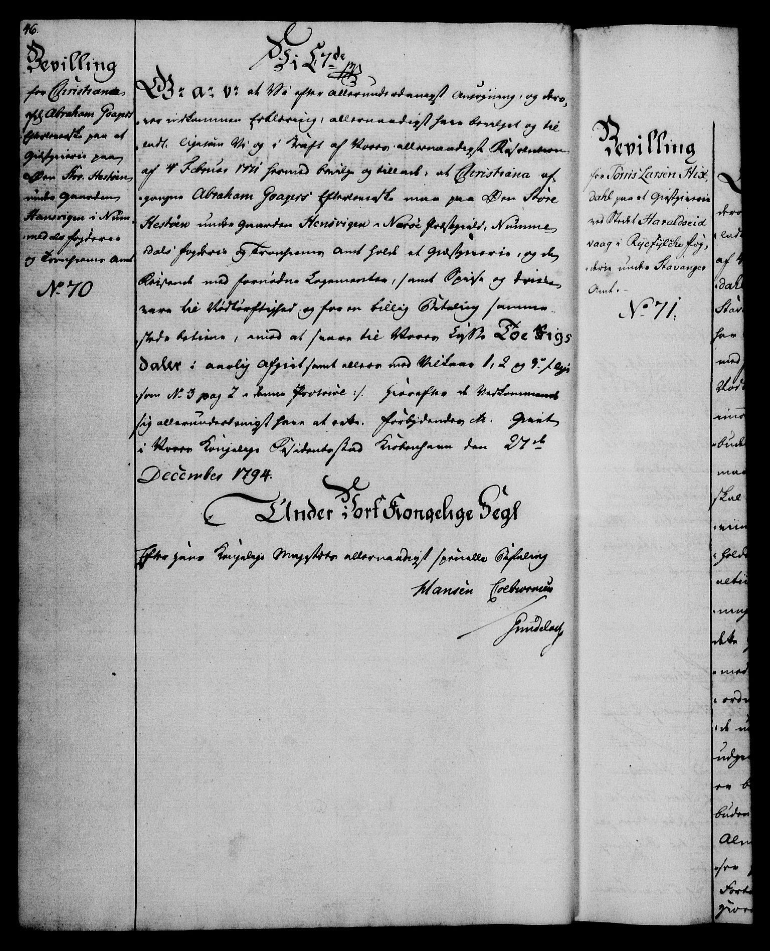 Rentekammeret, Kammerkanselliet, RA/EA-3111/G/Gg/Gga/L0016: Norsk ekspedisjonsprotokoll med register (merket RK 53.16), 1794-1800, p. 46
