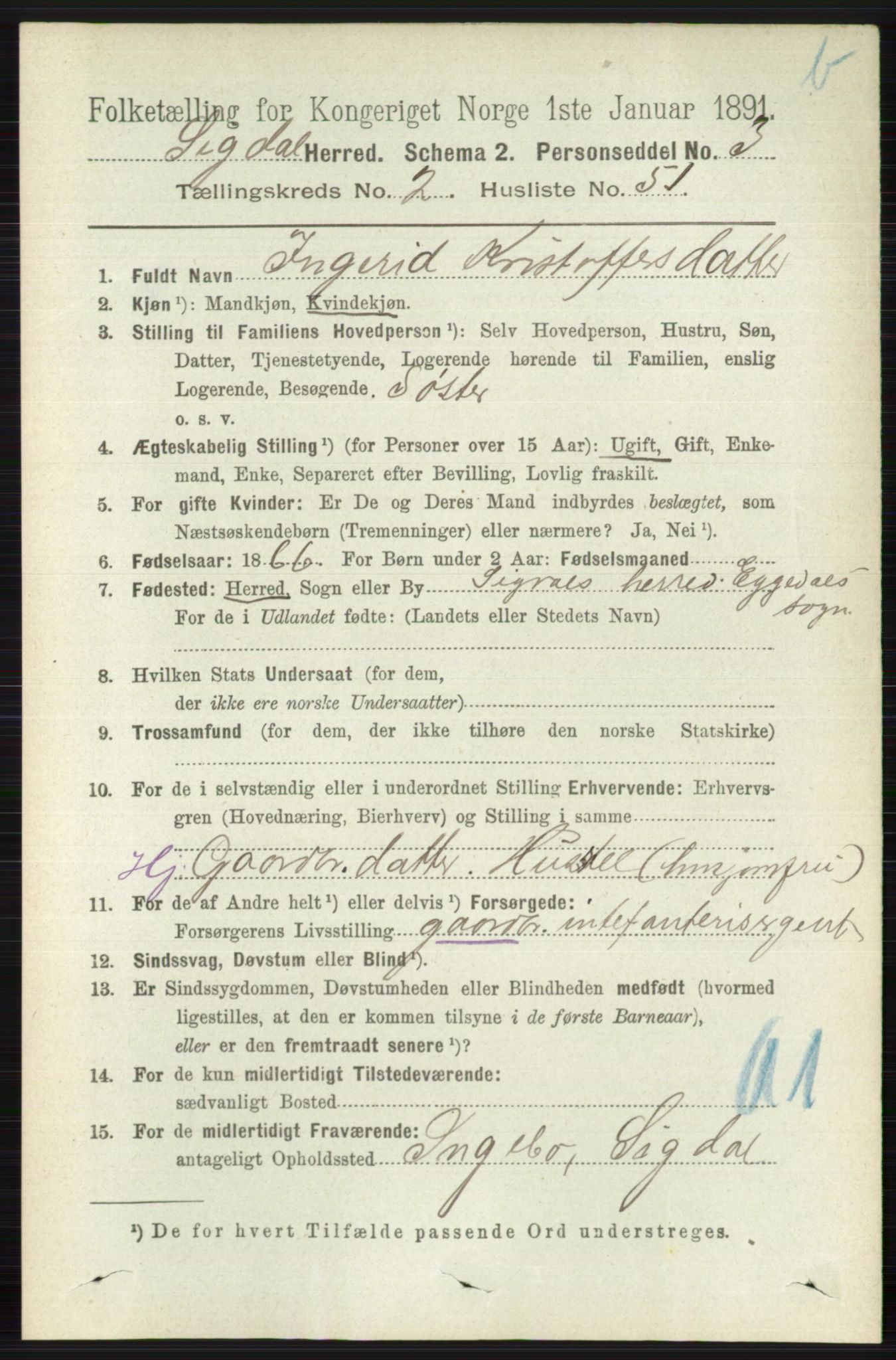 RA, 1891 census for 0621 Sigdal, 1891, p. 4194