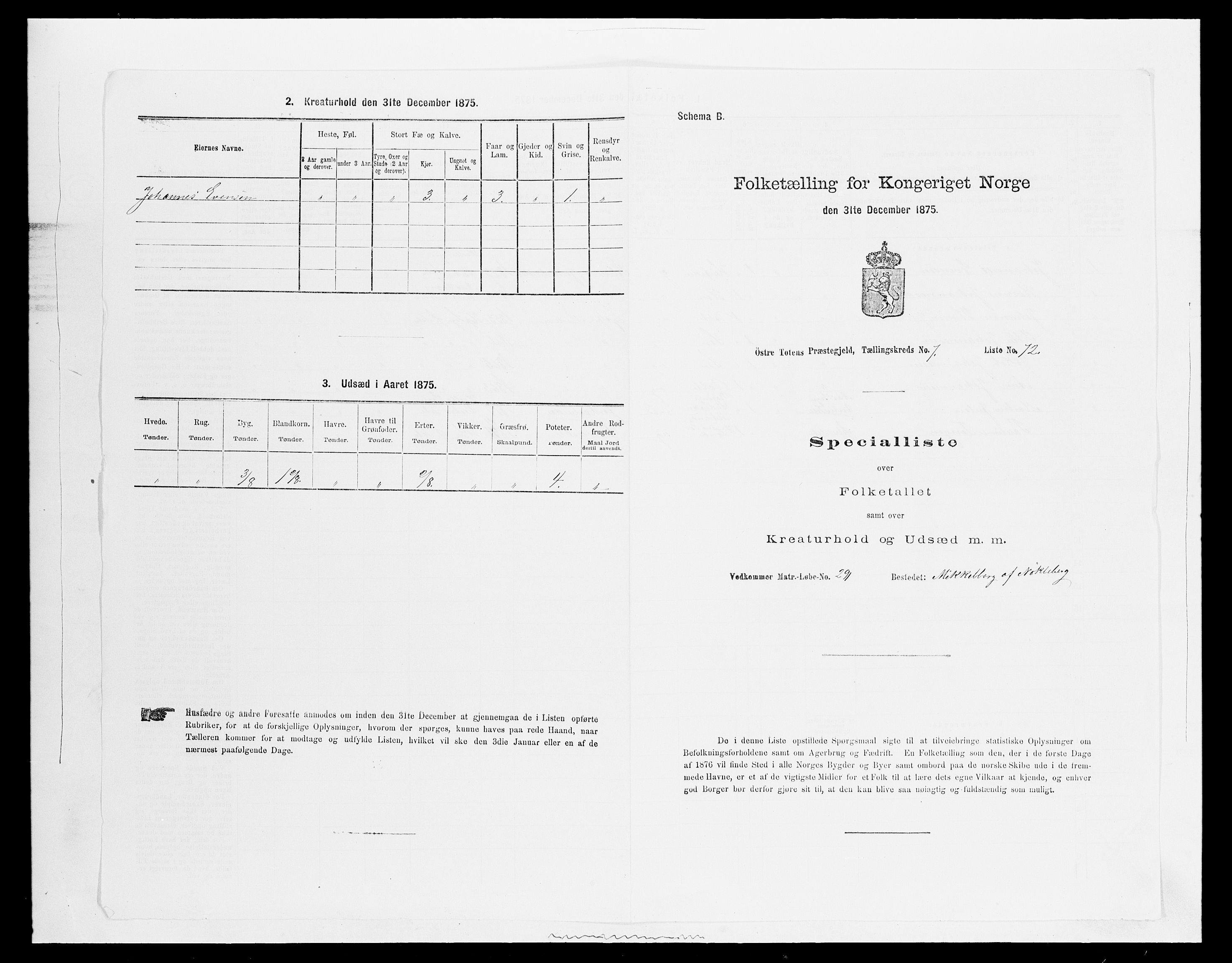 SAH, 1875 census for 0528P Østre Toten, 1875, p. 1437