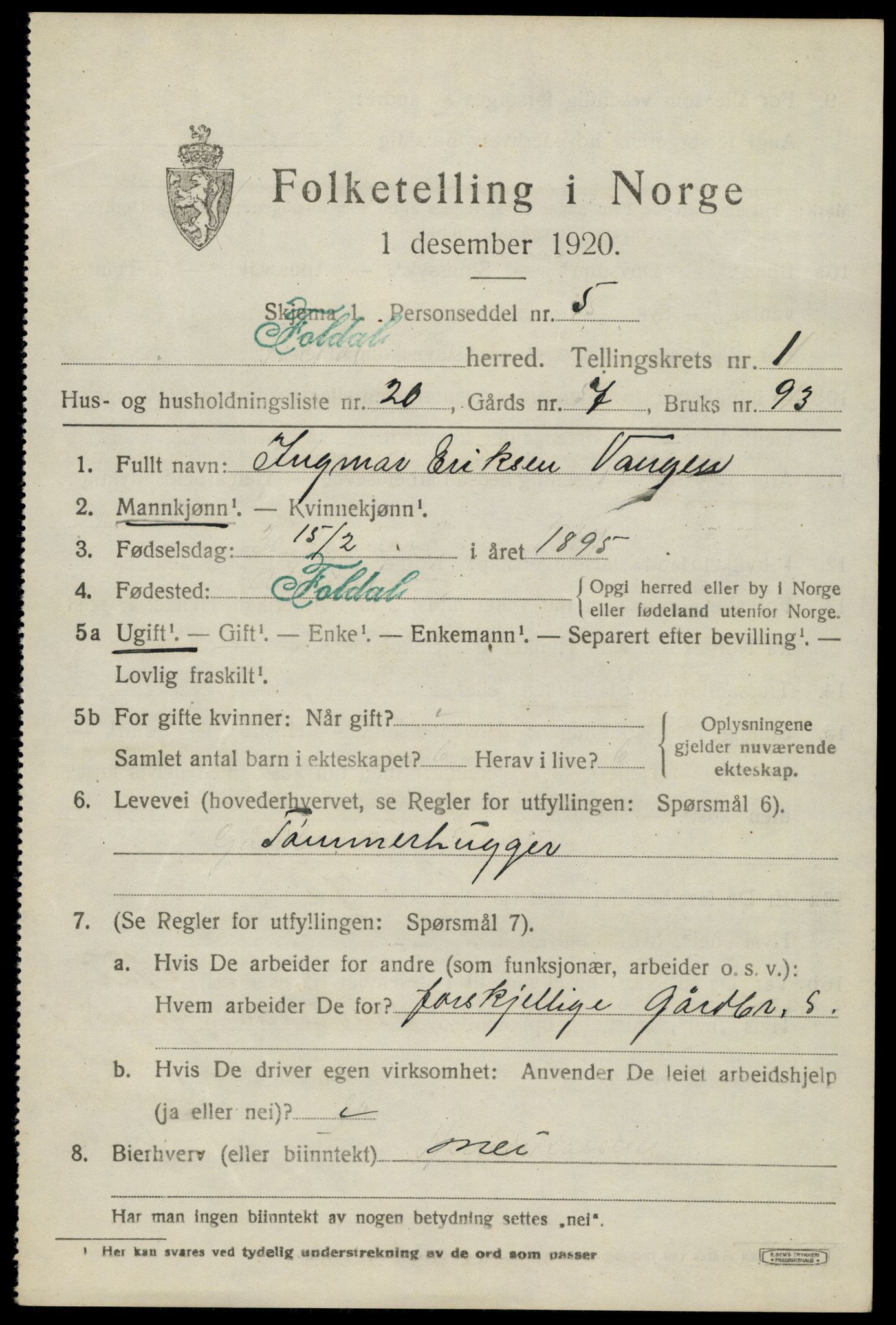 SAH, 1920 census for Folldal, 1920, p. 1033