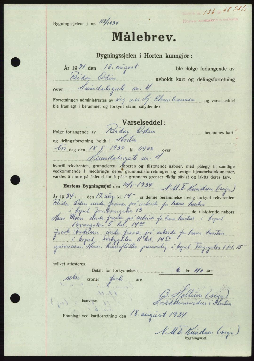 Horten sorenskriveri, AV/SAKO-A-133/G/Ga/Gaa/L0010: Mortgage book no. A-10, 1947-1948, Diary no: : 136/1948