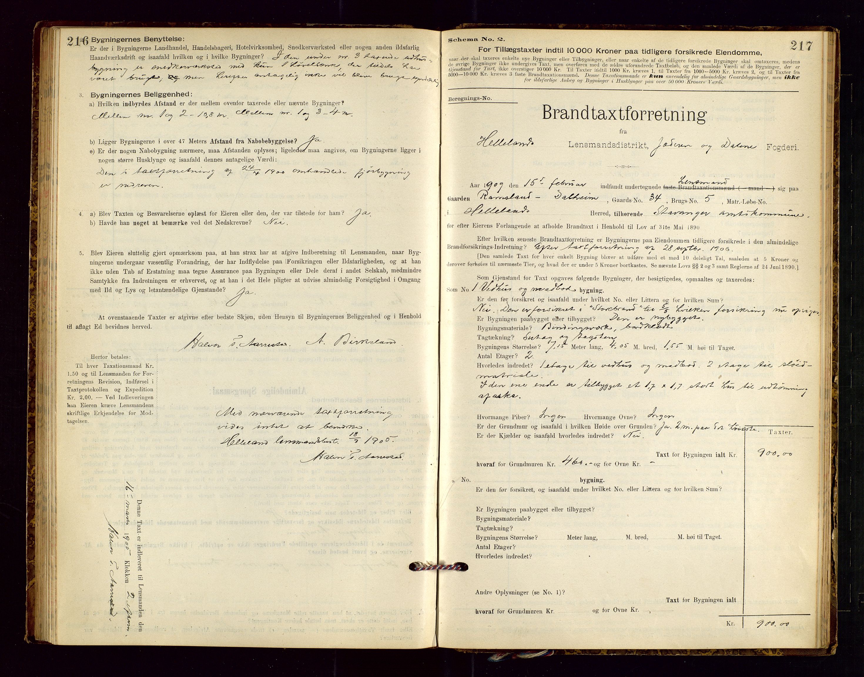 Helleland lensmannskontor, AV/SAST-A-100209/Gob/L0001: "Brandtaxationsprotokol", 1896-1919, p. 216-217