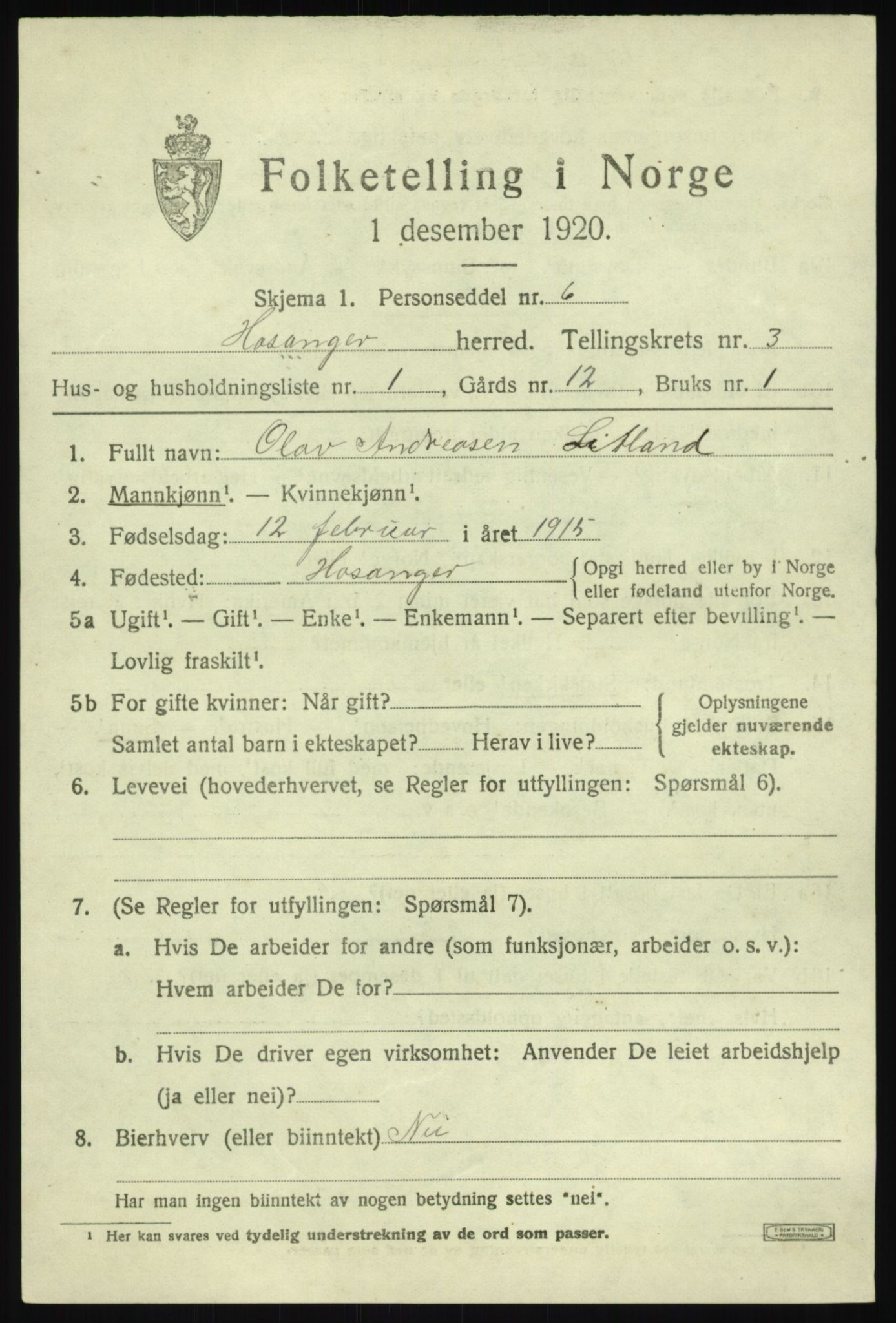 SAB, 1920 census for Hosanger, 1920, p. 1475