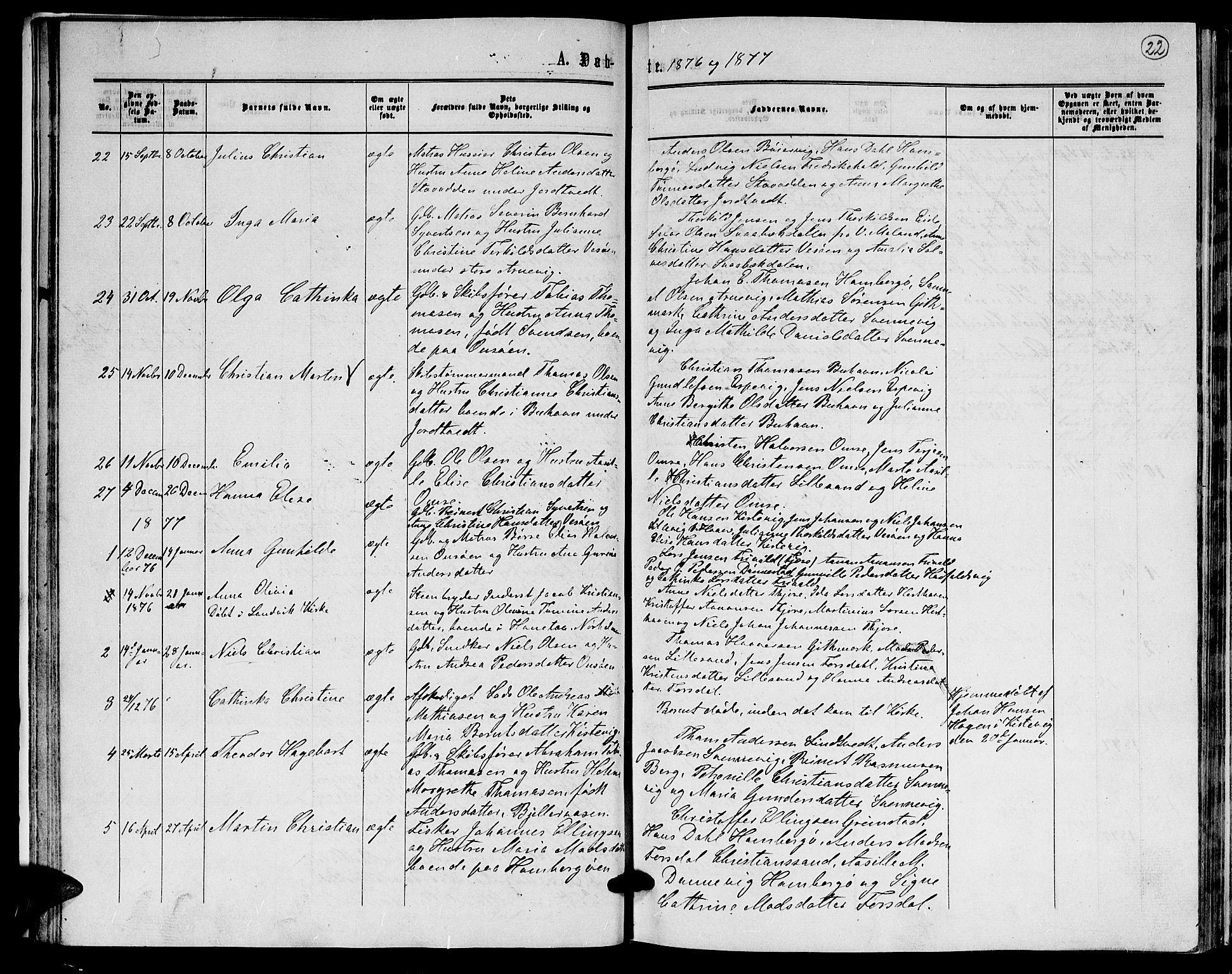 Hommedal sokneprestkontor, AV/SAK-1111-0023/F/Fb/Fba/L0003: Parish register (copy) no. B 3, 1863-1884, p. 22