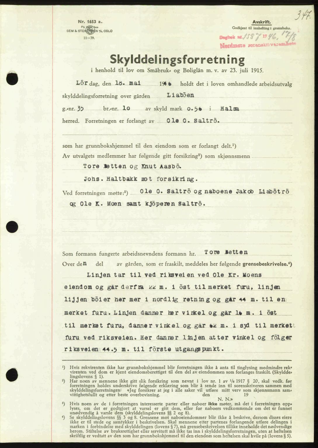 Nordmøre sorenskriveri, AV/SAT-A-4132/1/2/2Ca: Mortgage book no. A102, 1946-1946, Diary no: : 1587/1946