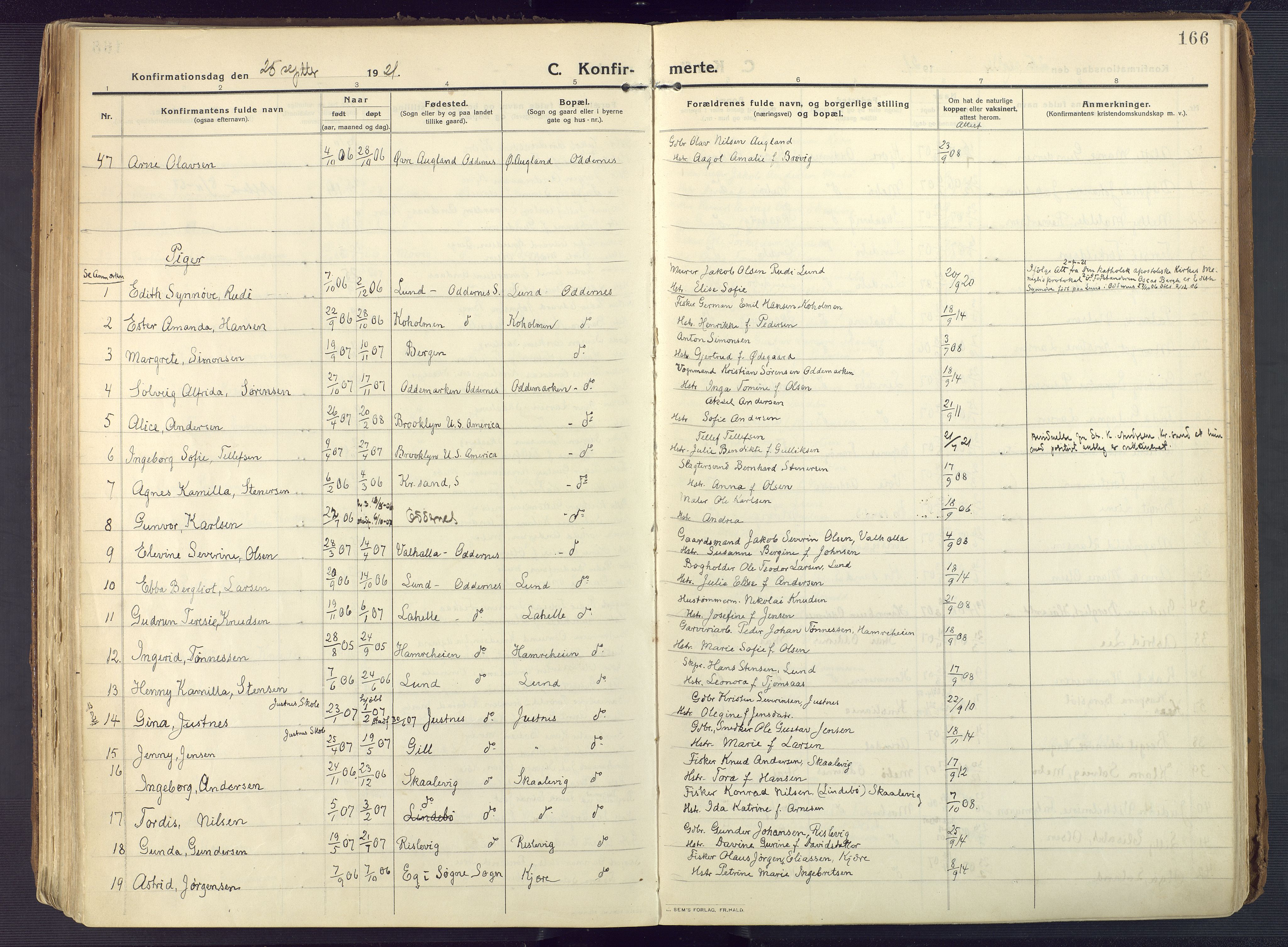 Oddernes sokneprestkontor, AV/SAK-1111-0033/F/Fa/Faa/L0012: Parish register (official) no. A 12, 1912-1925, p. 166