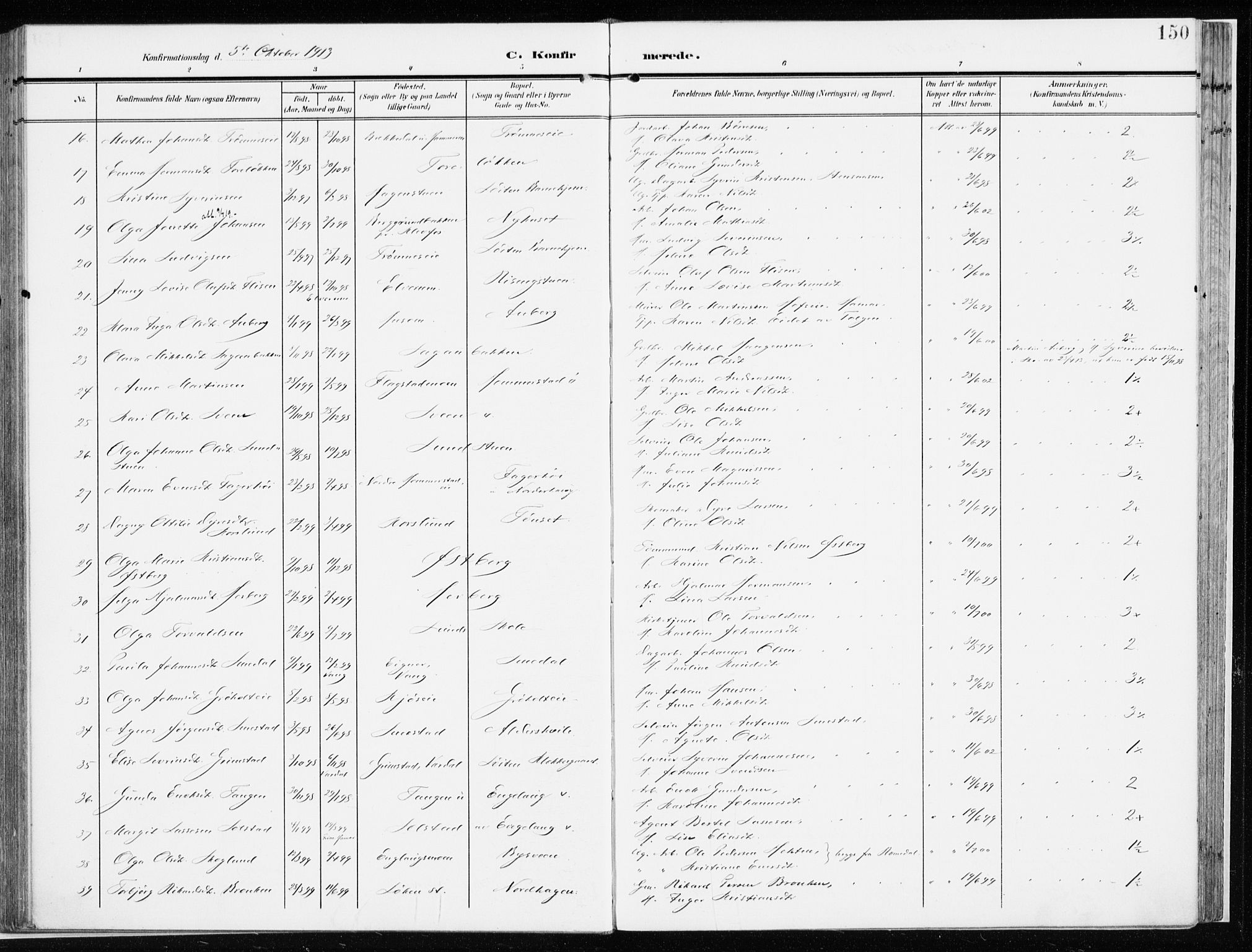 Løten prestekontor, AV/SAH-PREST-022/K/Ka/L0011: Parish register (official) no. 11, 1908-1917, p. 150