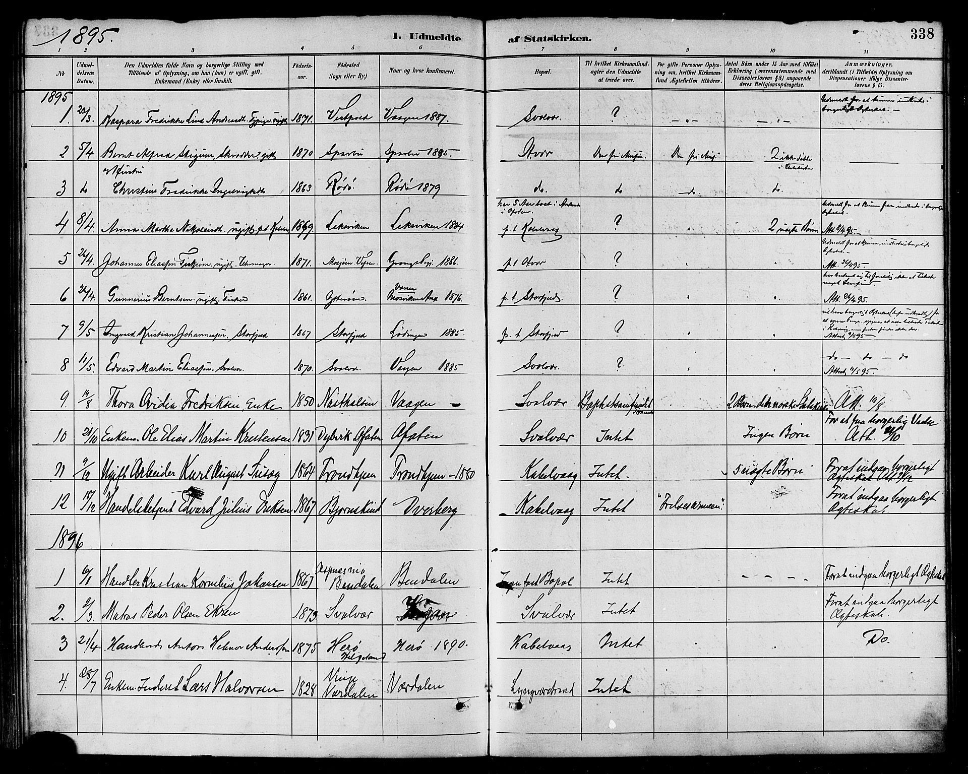 Ministerialprotokoller, klokkerbøker og fødselsregistre - Nordland, AV/SAT-A-1459/874/L1060: Parish register (official) no. 874A04, 1890-1899, p. 338