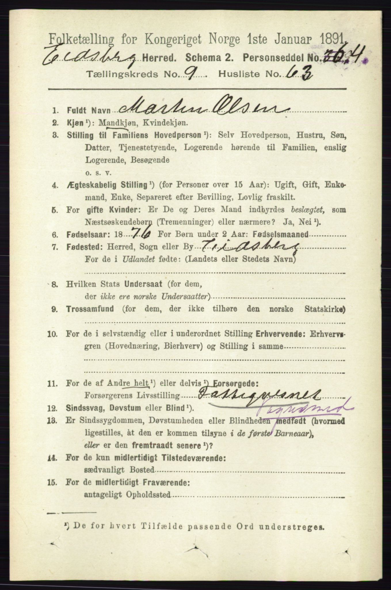 RA, 1891 census for 0125 Eidsberg, 1891, p. 5529
