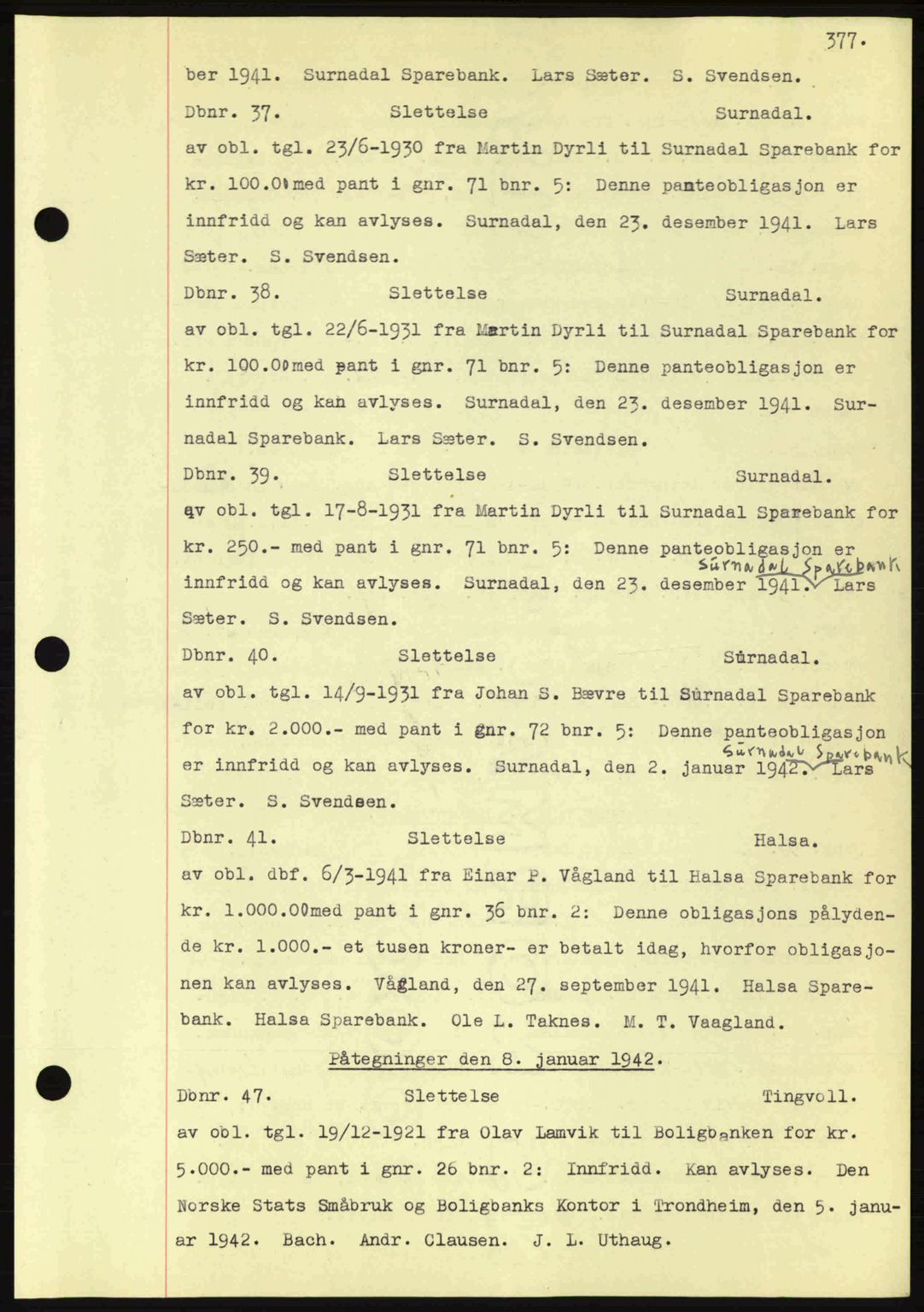 Nordmøre sorenskriveri, AV/SAT-A-4132/1/2/2Ca: Mortgage book no. C81, 1940-1945, Diary no: : 37/1942