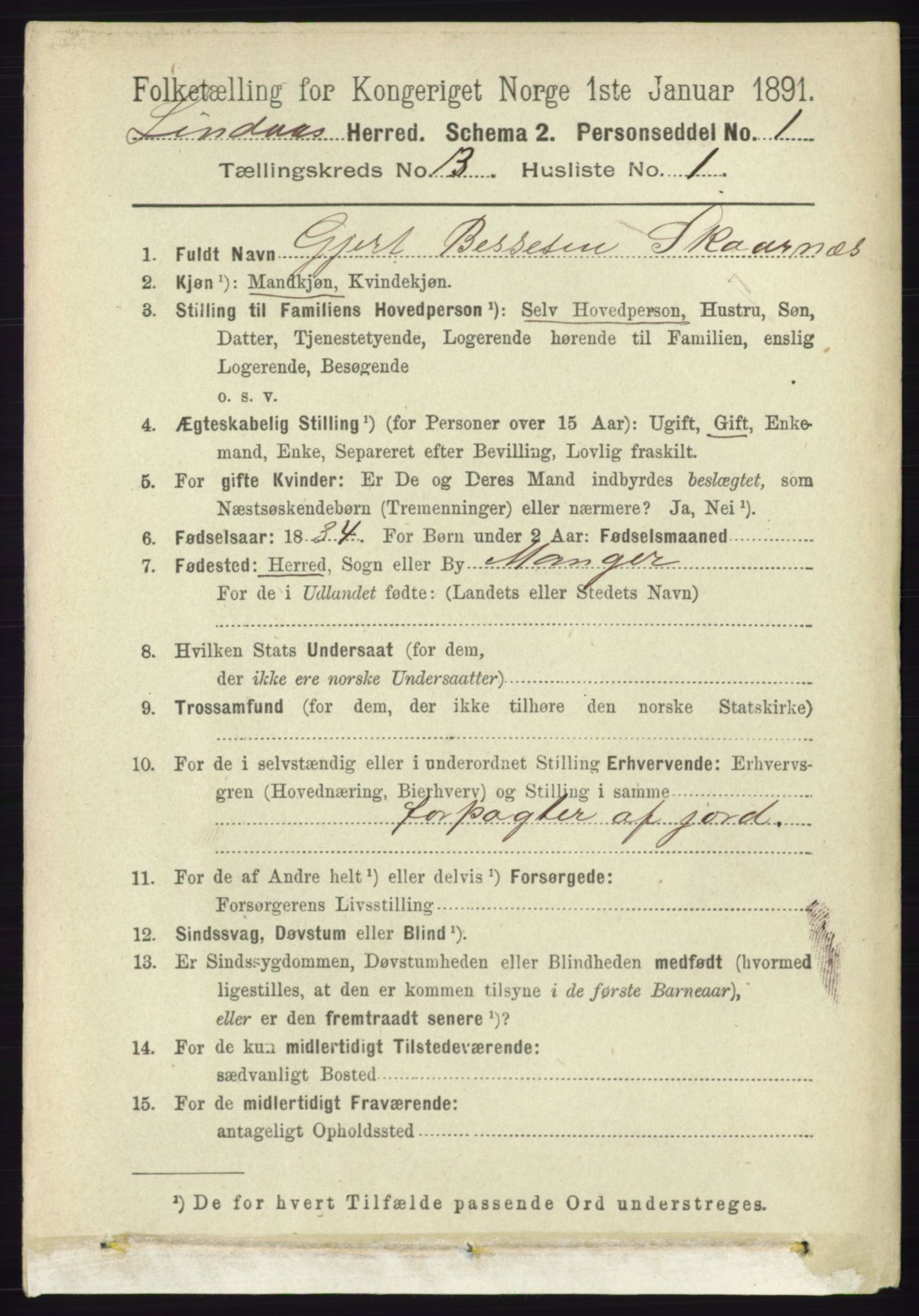 RA, 1891 census for 1263 Lindås, 1891, p. 4542