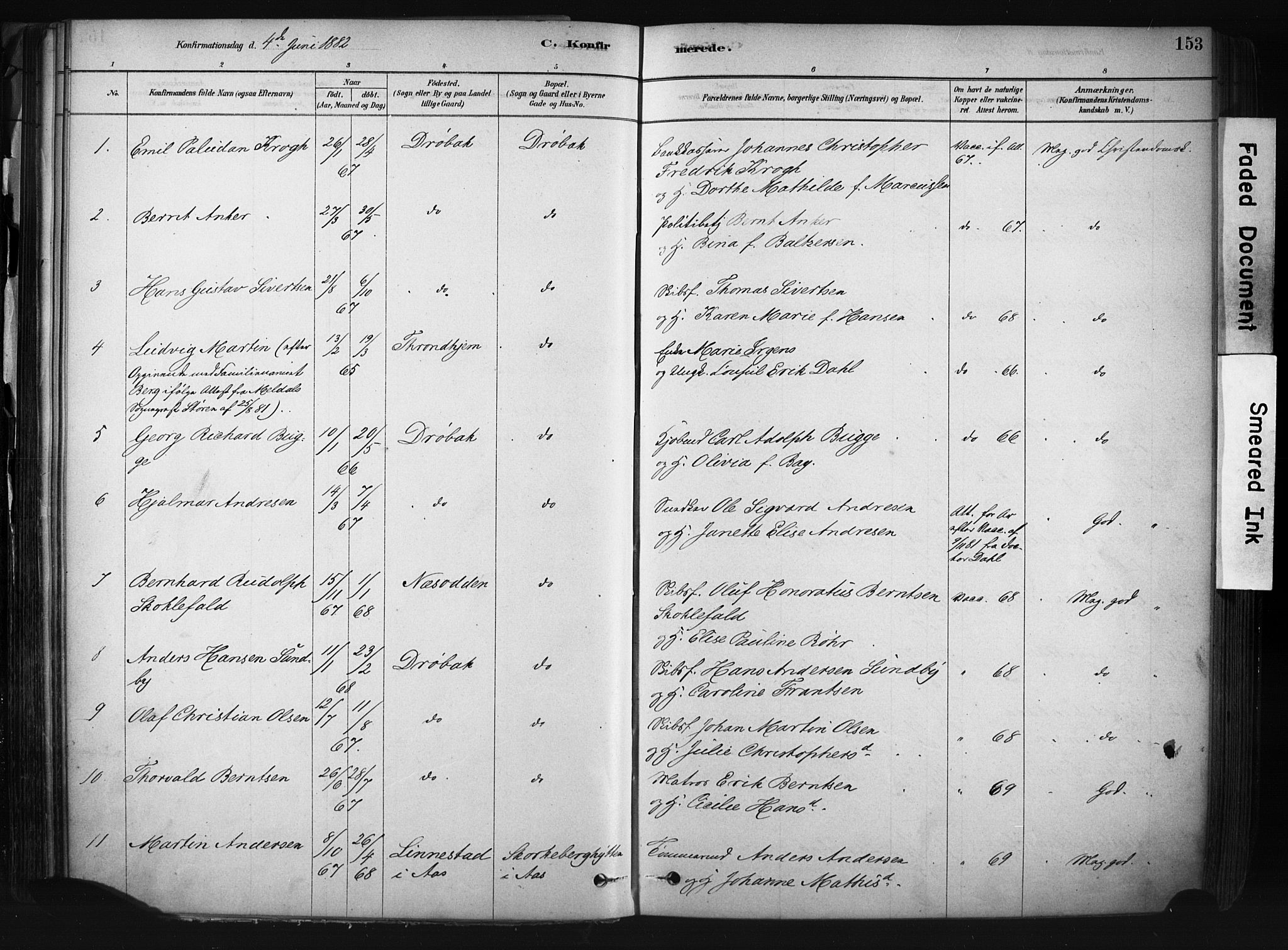 Drøbak prestekontor Kirkebøker, AV/SAO-A-10142a/F/Fb/L0001: Parish register (official) no. II 1, 1878-1891, p. 153