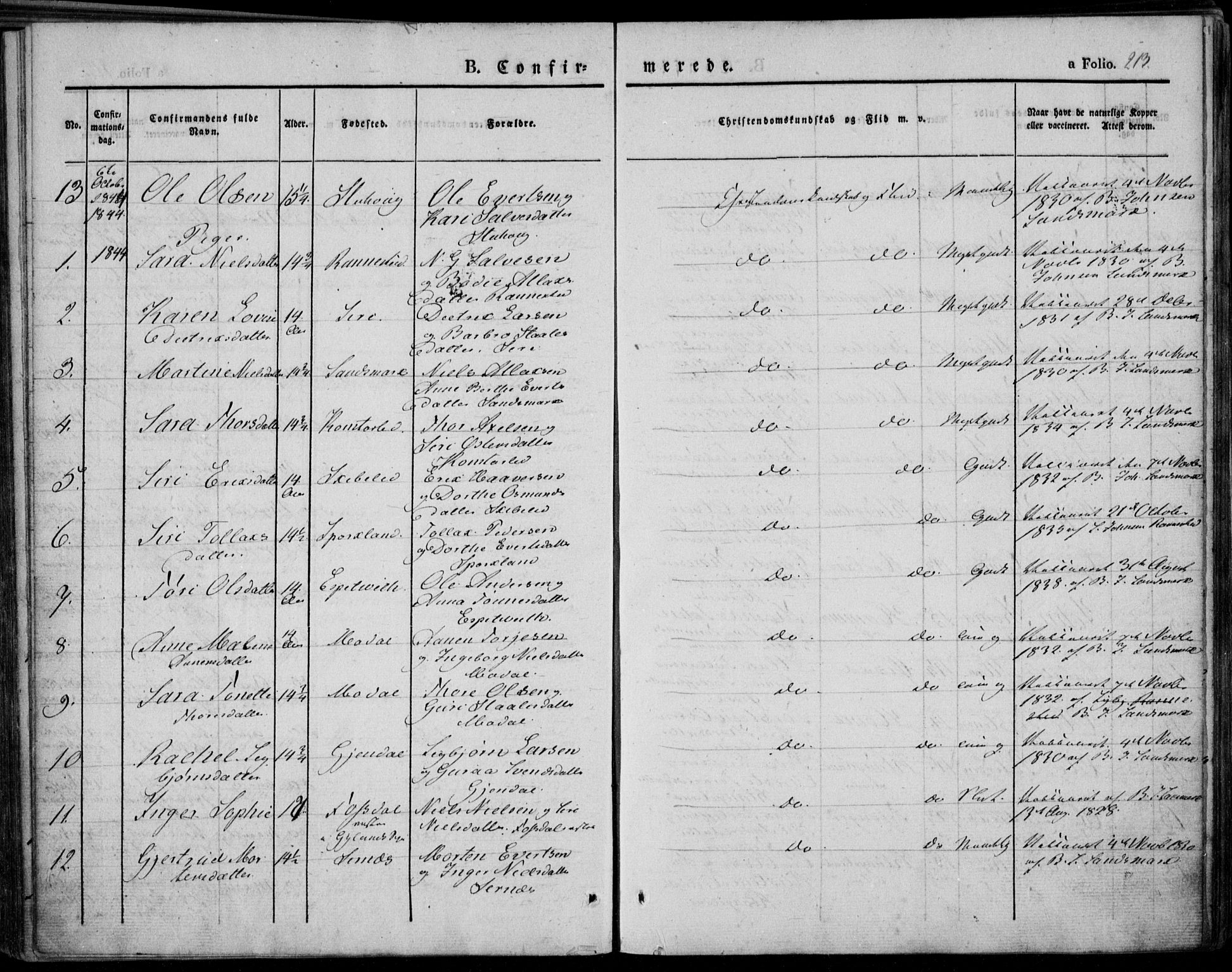 Bakke sokneprestkontor, SAK/1111-0002/F/Fa/Faa/L0004: Parish register (official) no. A 4, 1834-1846, p. 213