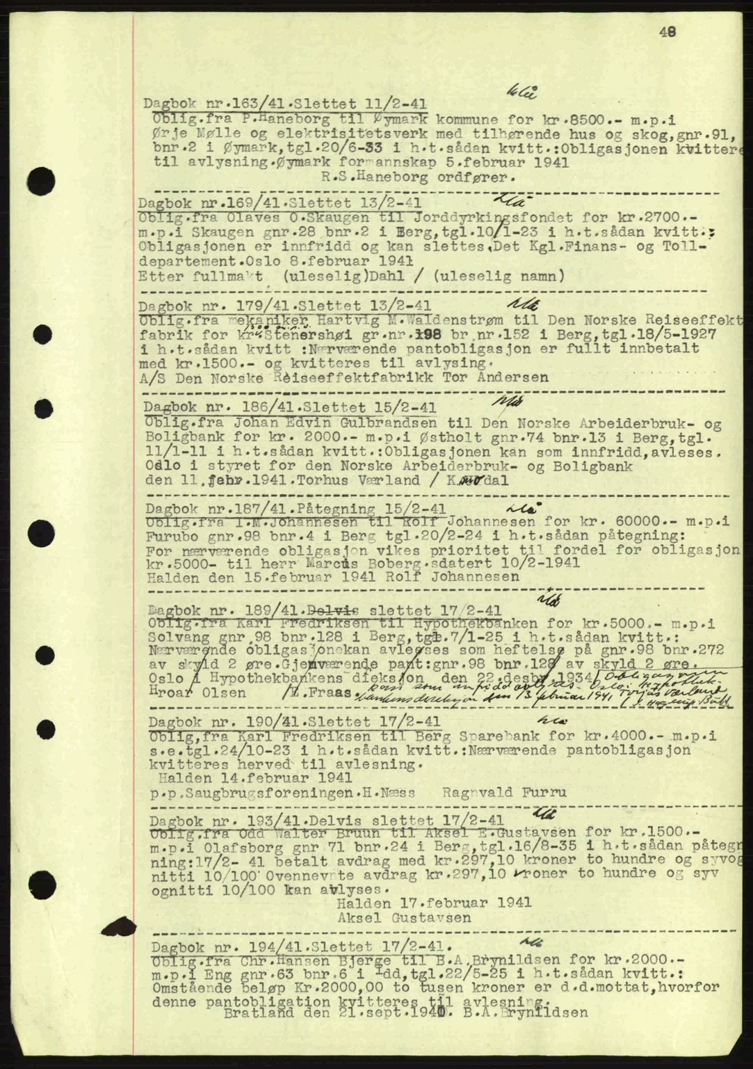 Idd og Marker sorenskriveri, AV/SAO-A-10283/G/Gb/Gbc/L0002: Mortgage book no. B4-9a, 1939-1945, Diary no: : 163/1941