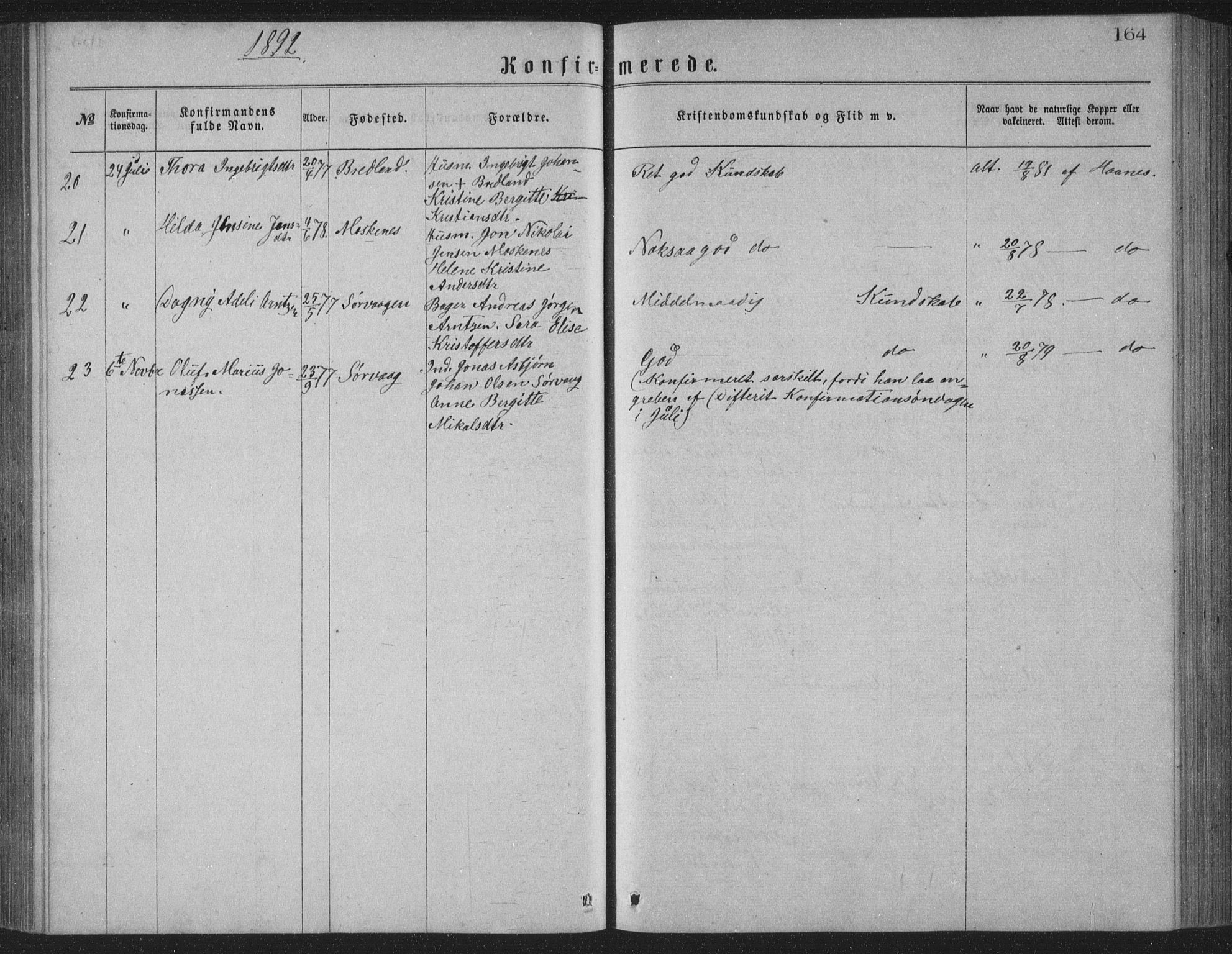 Ministerialprotokoller, klokkerbøker og fødselsregistre - Nordland, AV/SAT-A-1459/886/L1225: Parish register (copy) no. 886C02, 1874-1896, p. 164