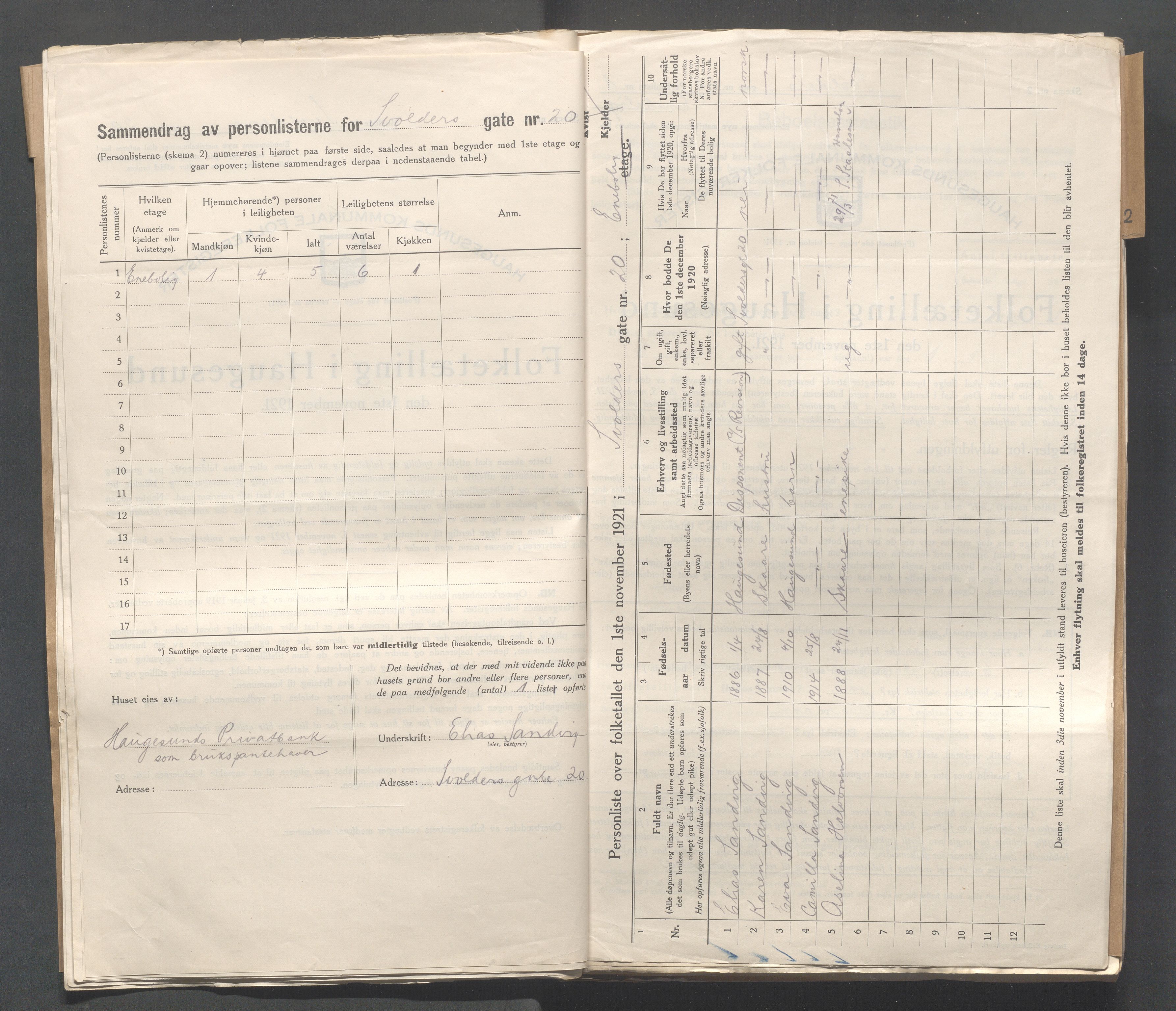 IKAR, Local census 1.11.1921 for Haugesund, 1921, p. 4988