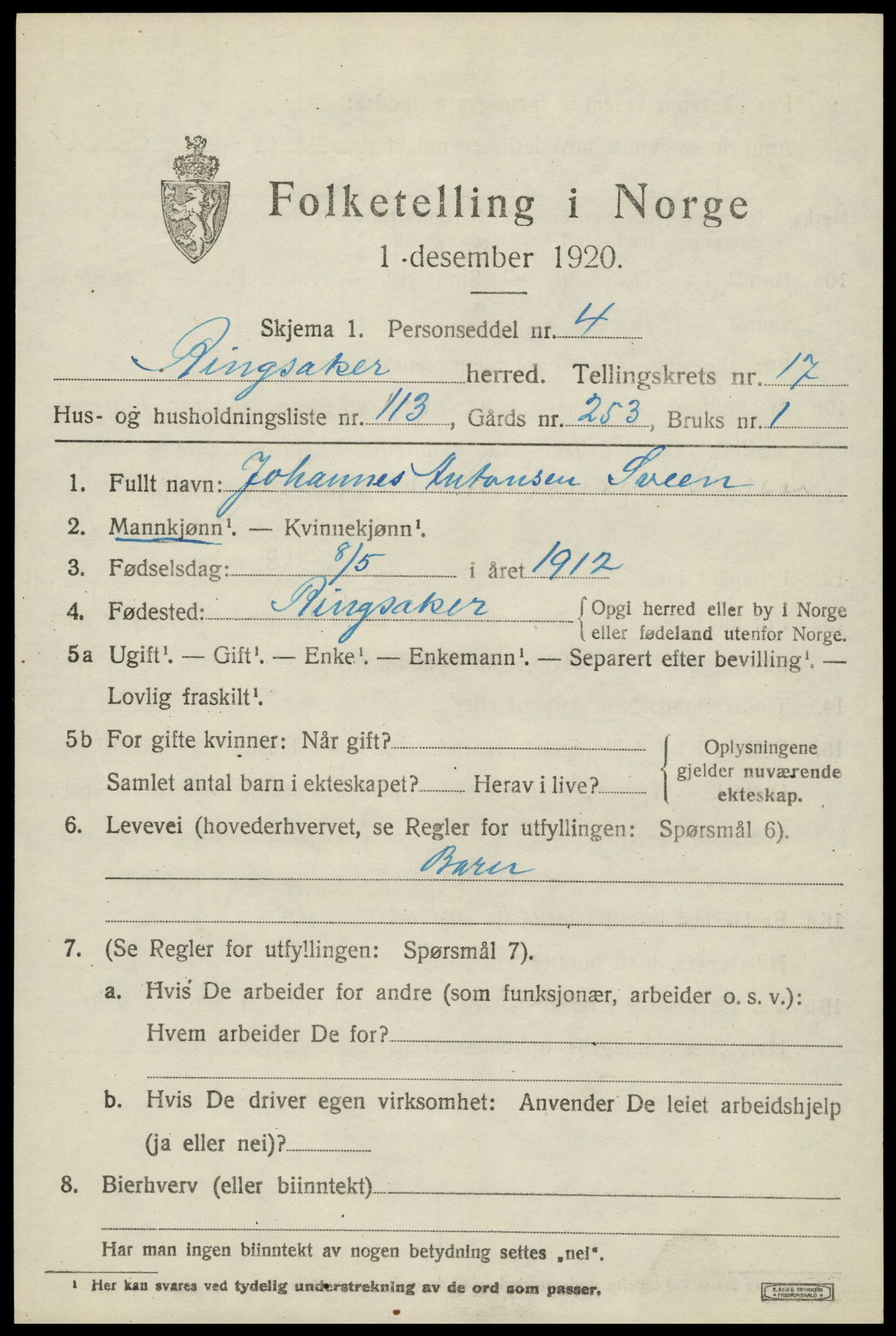 SAH, 1920 census for Ringsaker, 1920, p. 25052