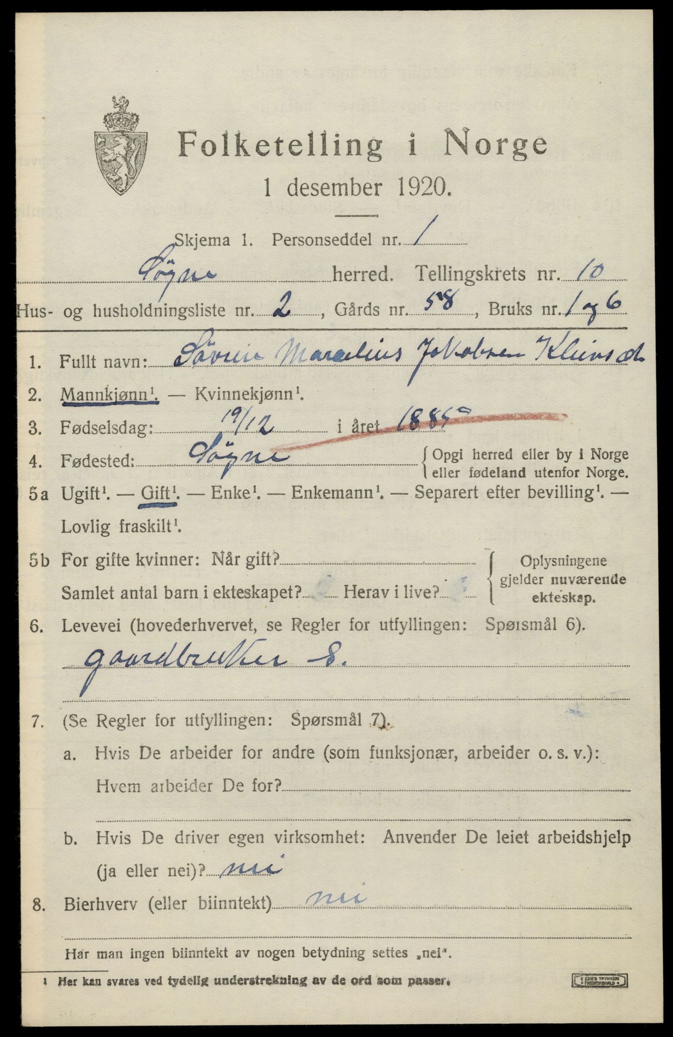 SAK, 1920 census for Søgne, 1920, p. 5425