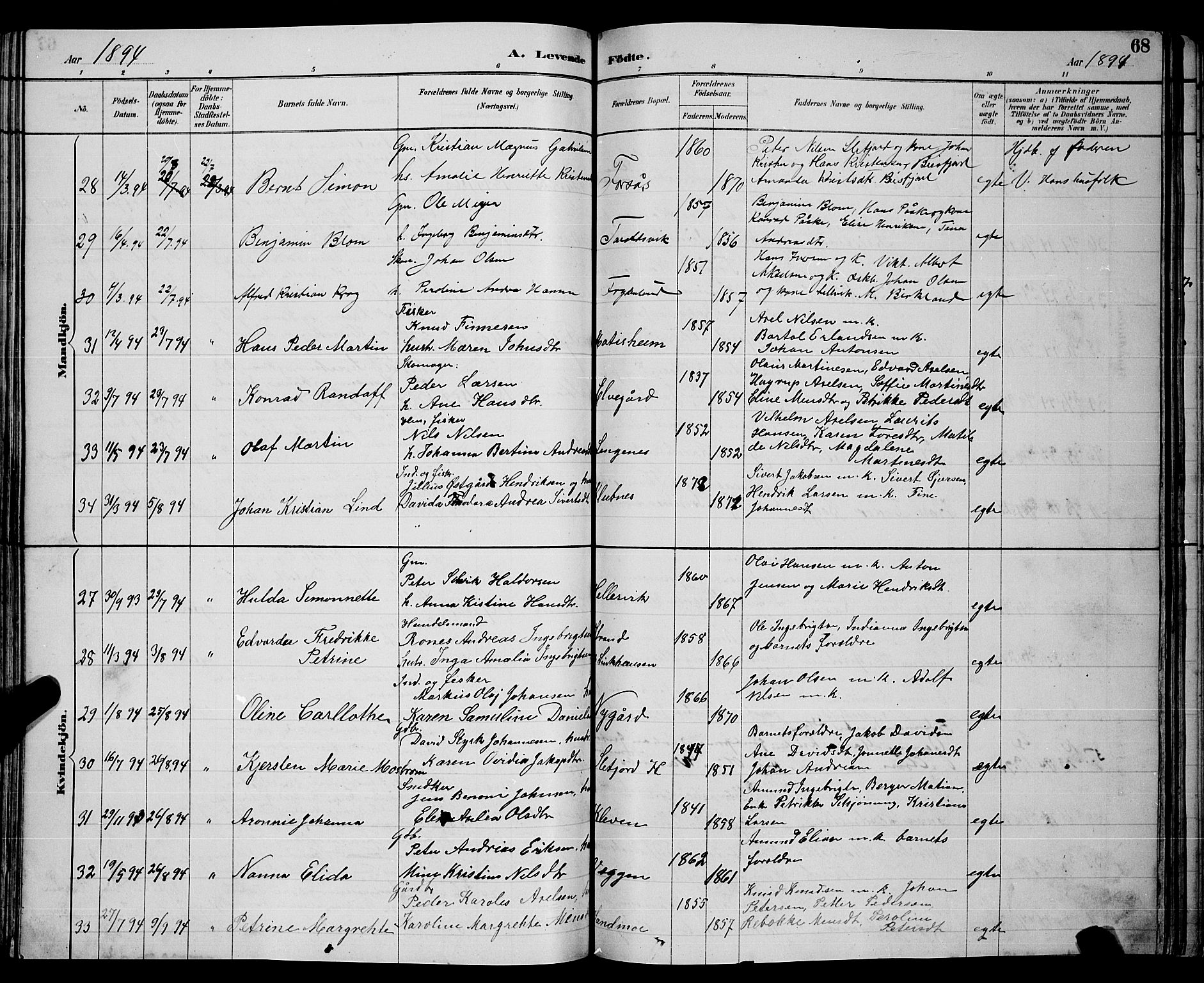 Ministerialprotokoller, klokkerbøker og fødselsregistre - Nordland, AV/SAT-A-1459/866/L0952: Parish register (copy) no. 866C01, 1886-1899, p. 68