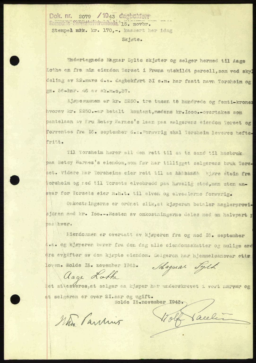 Romsdal sorenskriveri, AV/SAT-A-4149/1/2/2C: Mortgage book no. A15, 1943-1944, Diary no: : 2079/1943