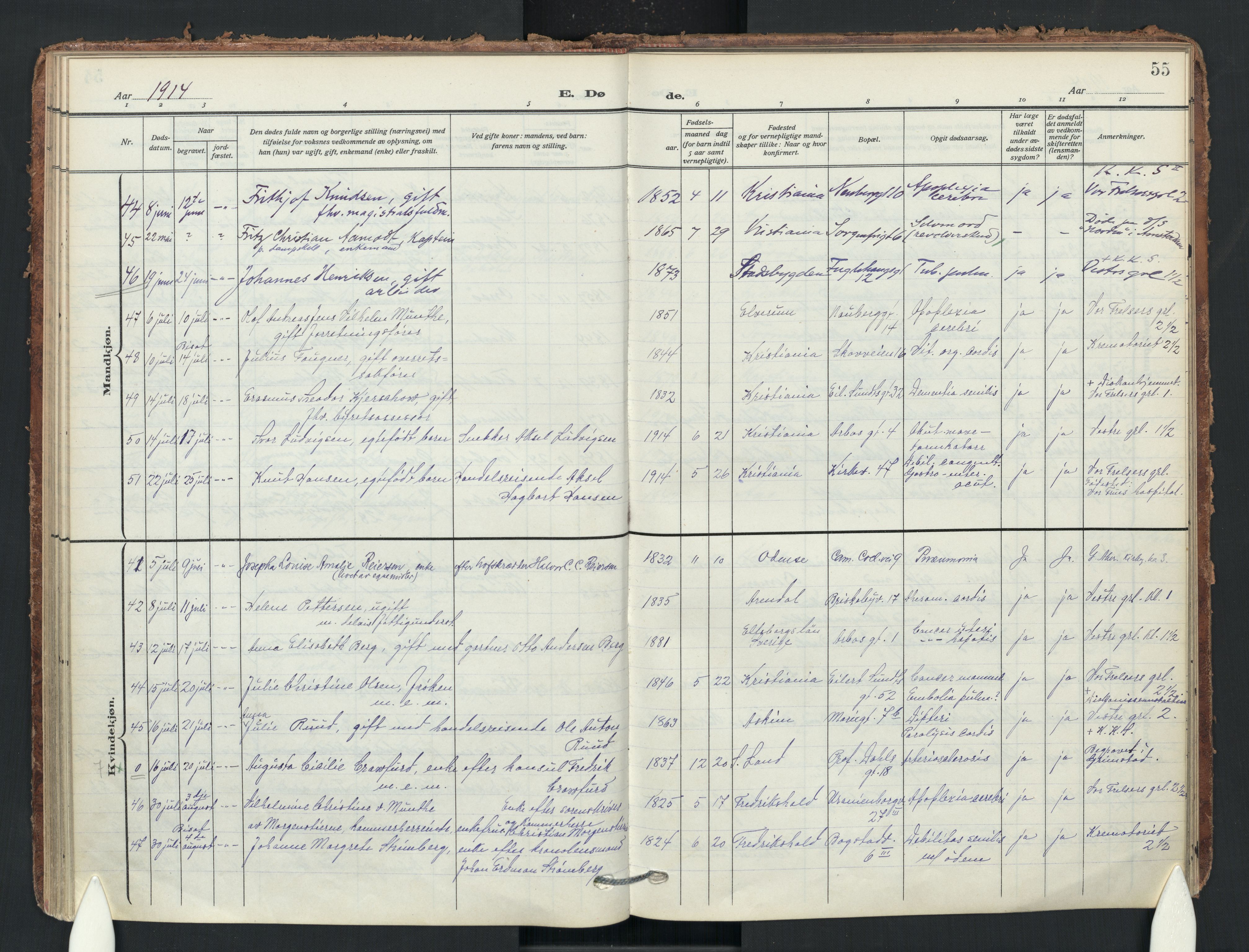 Uranienborg prestekontor Kirkebøker, AV/SAO-A-10877/F/Fa/L0011: Parish register (official) no. 11, 1909-1926, p. 55