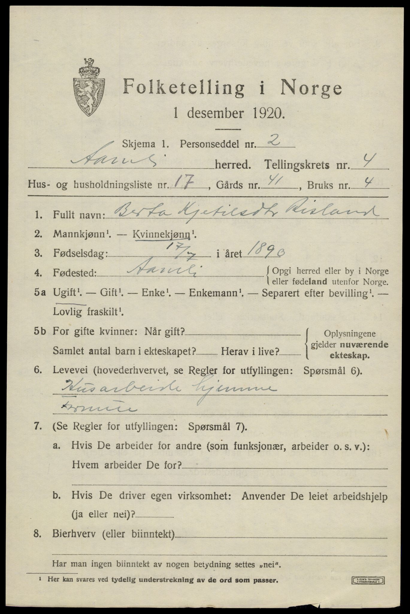 SAK, 1920 census for Åmli, 1920, p. 2073