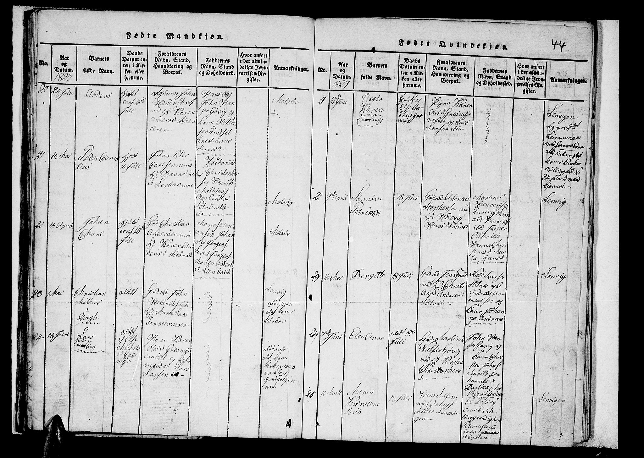 Lenvik sokneprestembete, AV/SATØ-S-1310/H/Ha/Hab/L0001klokker: Parish register (copy) no. 1, 1822-1837, p. 44