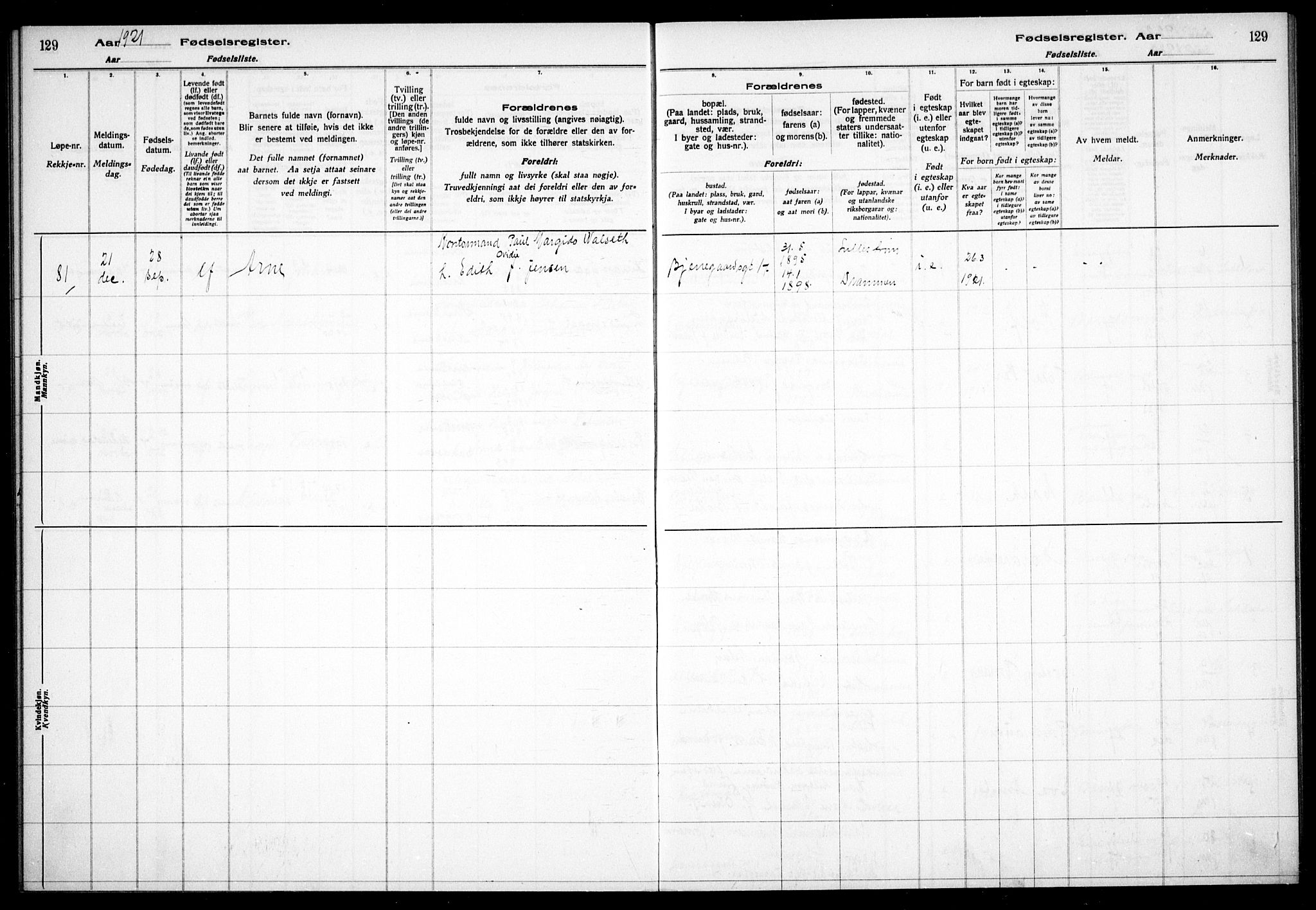 Gamle Aker prestekontor Kirkebøker, AV/SAO-A-10617a/J/L0001: Birth register no. 1, 1916-1927, p. 129