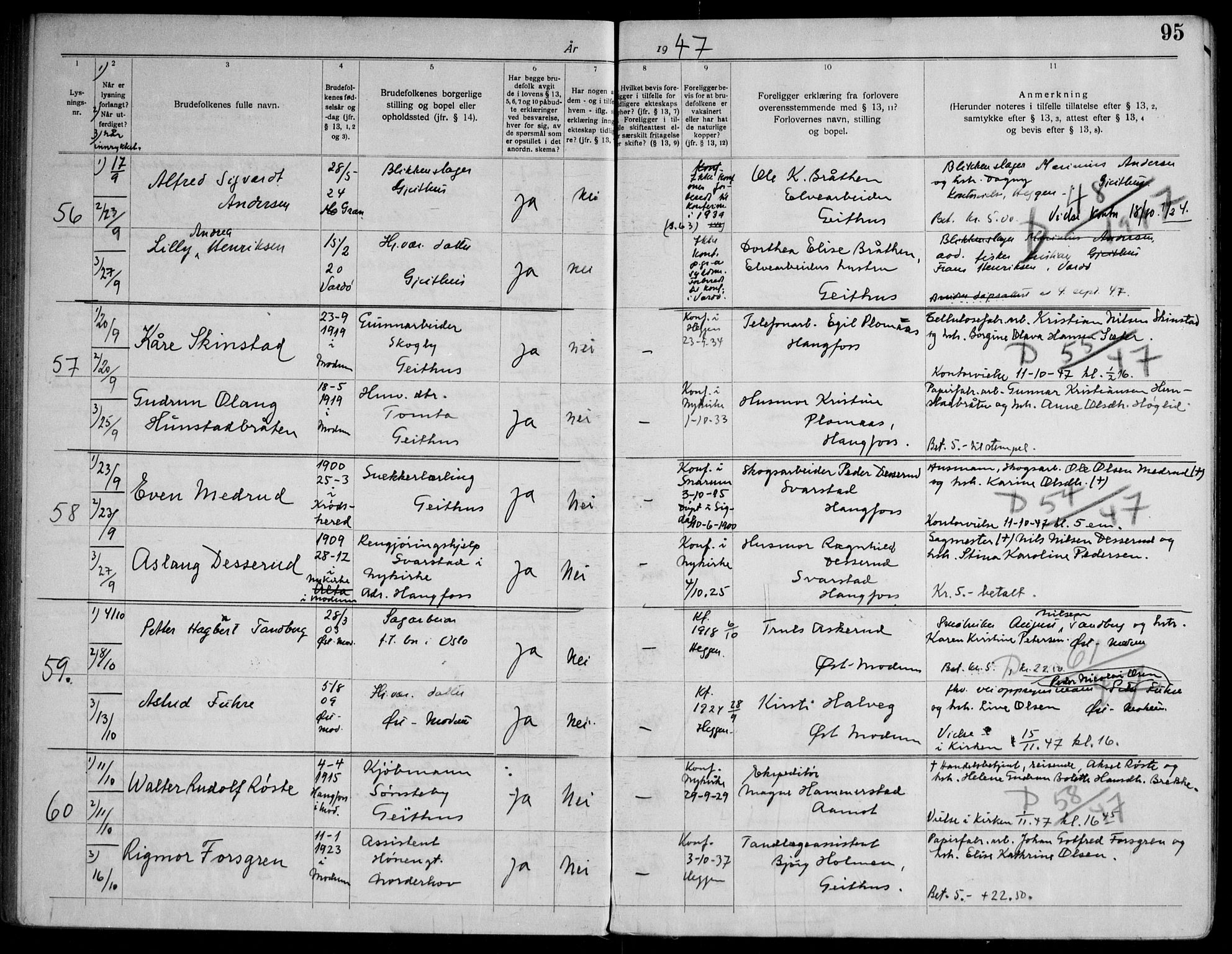 Modum kirkebøker, AV/SAKO-A-234/H/Ha/L0004: Banns register no. I 4, 1934-1947, p. 95