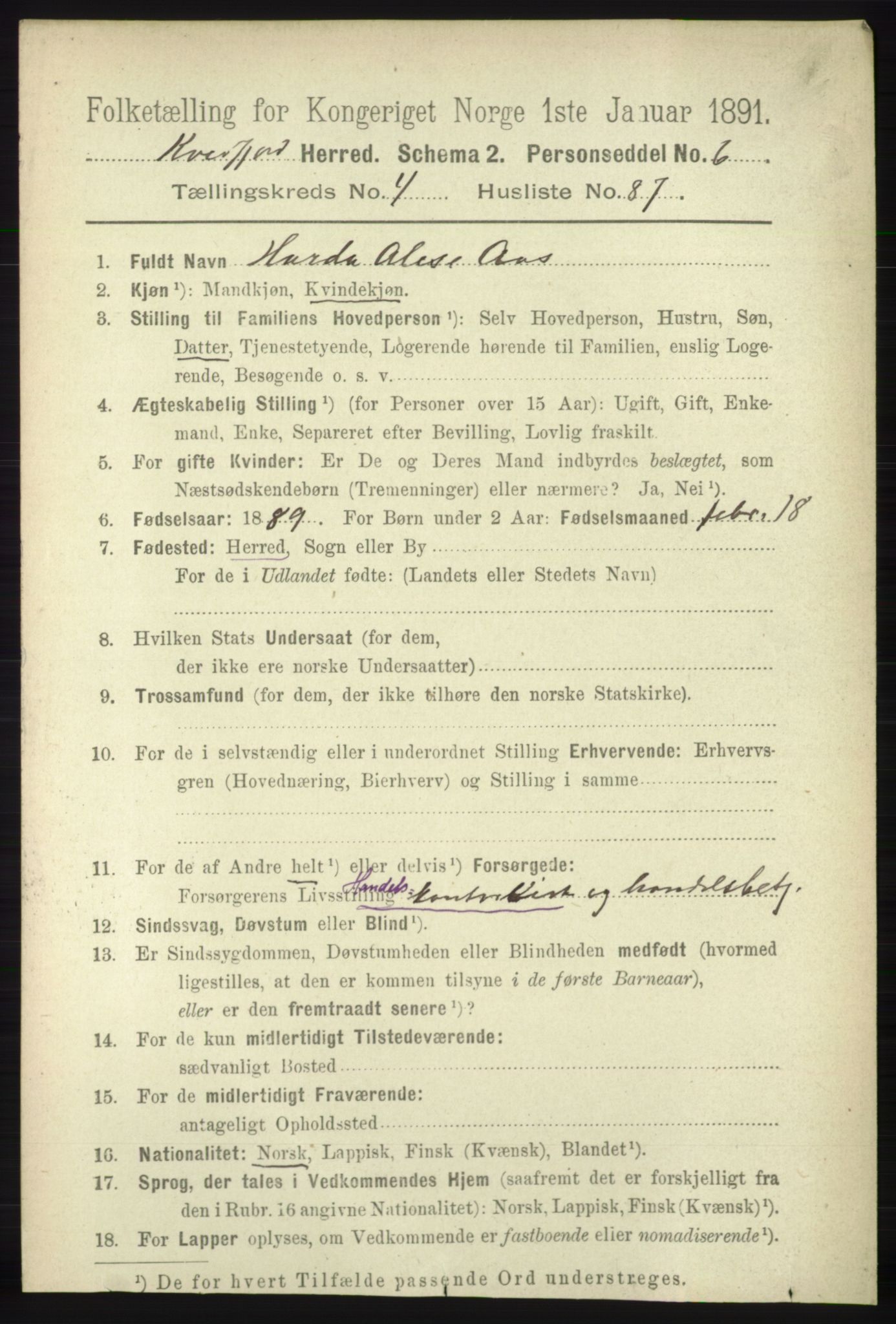 RA, 1891 census for 1911 Kvæfjord, 1891, p. 2499