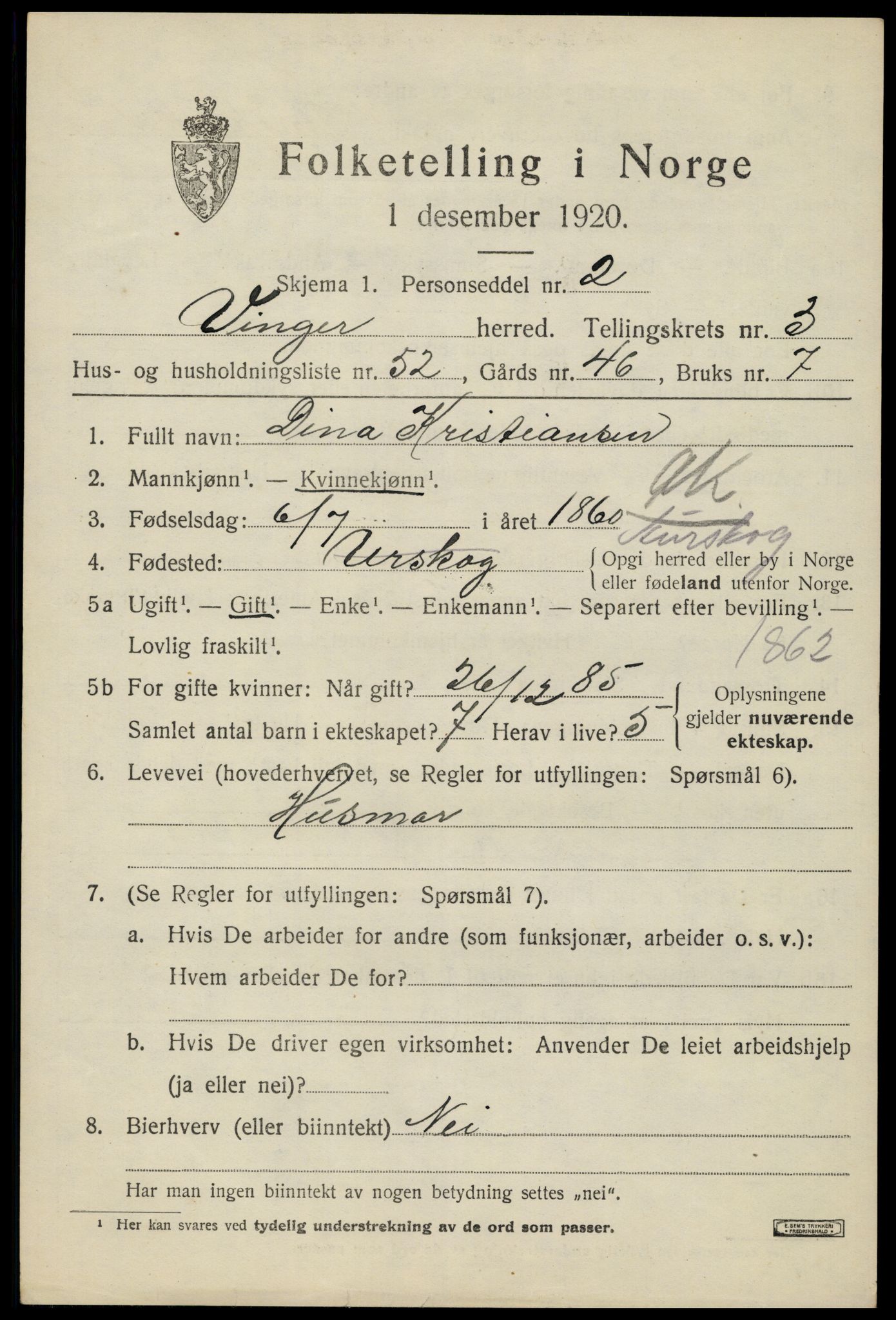 SAH, 1920 census for Vinger, 1920, p. 5222