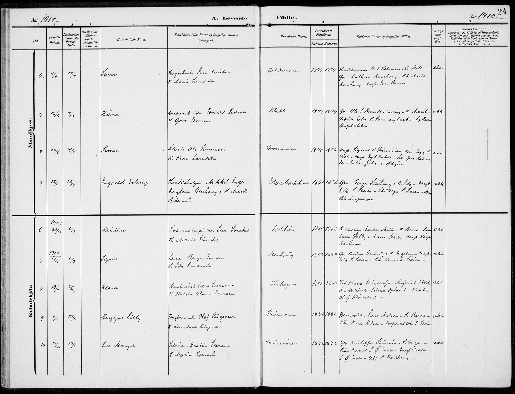 Alvdal prestekontor, AV/SAH-PREST-060/H/Ha/Haa/L0004: Parish register (official) no. 4, 1907-1919, p. 24