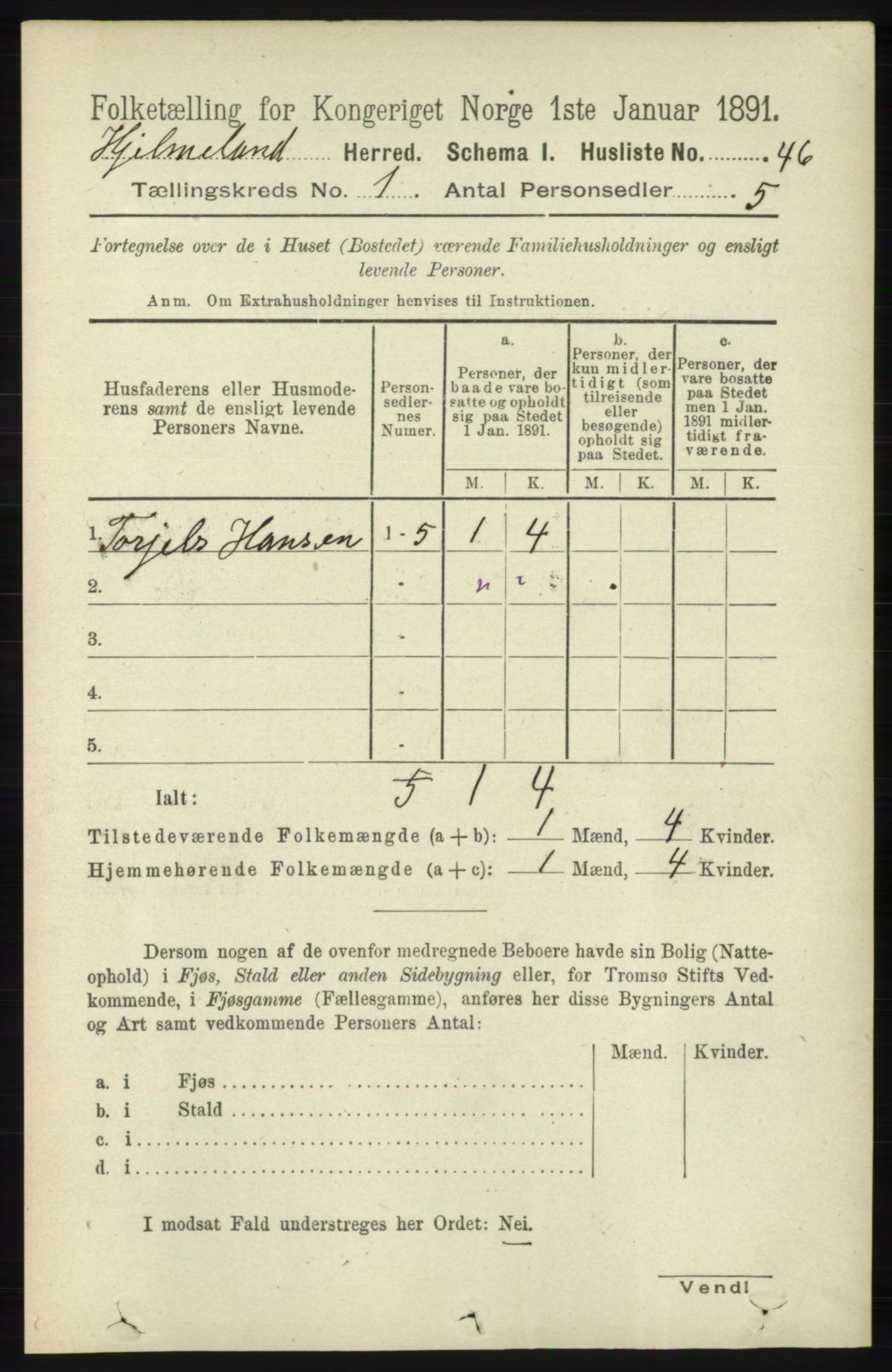 RA, 1891 census for 1133 Hjelmeland, 1891, p. 68