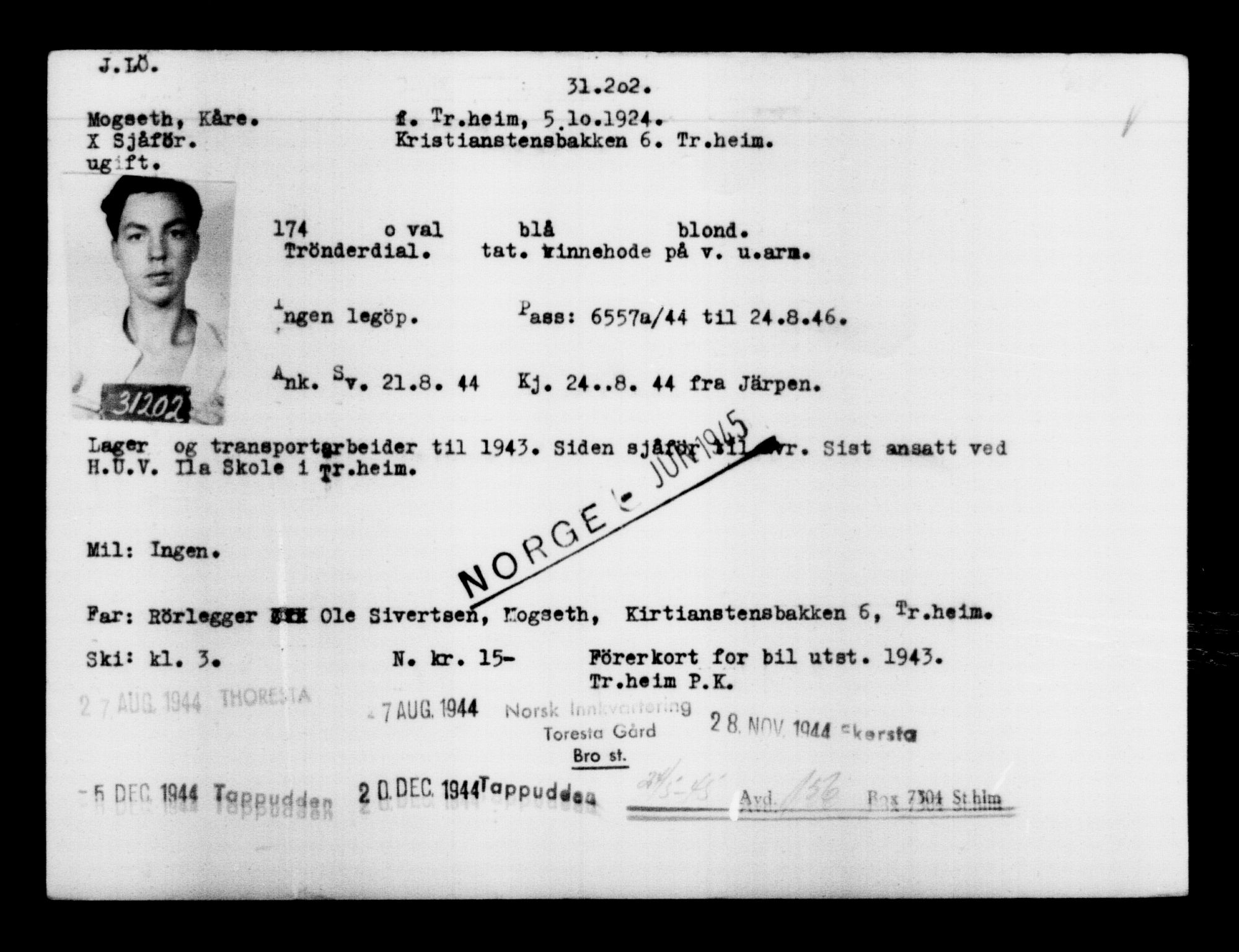 Utenriksstasjonene, Legasjonen i Stockholm, Flyktningkontoret, AV/RA-S-6753/V/Va/L0012: Kjesäterkartoteket, flyktninger med registreringsnr. 28300-31566, 1940-1945, p. 3145