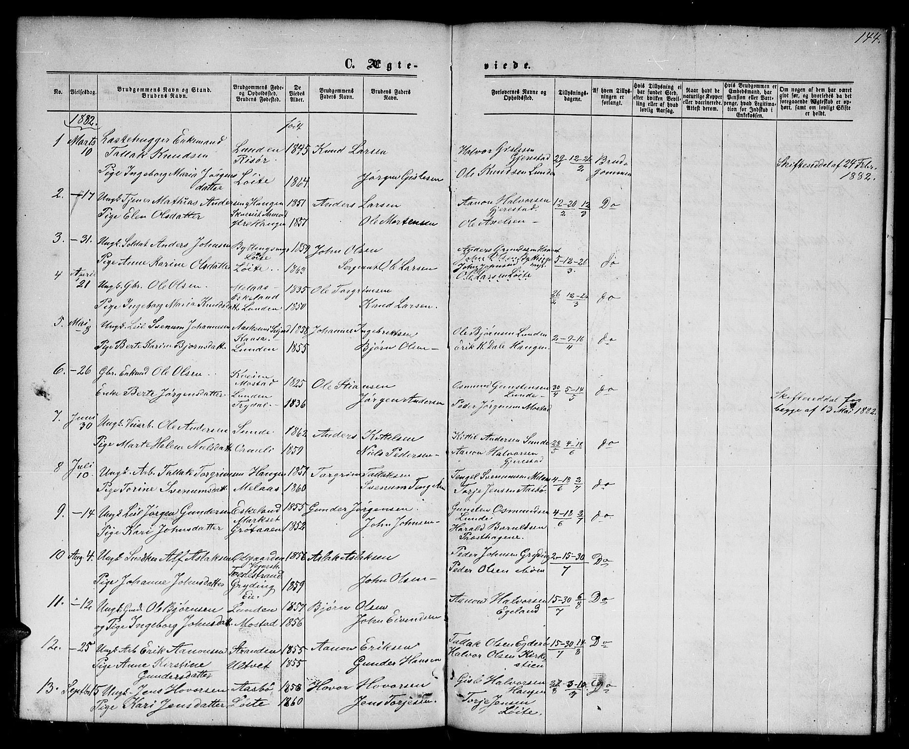 Gjerstad sokneprestkontor, AV/SAK-1111-0014/F/Fb/Fba/L0006: Parish register (copy) no. B 6, 1868-1890, p. 144