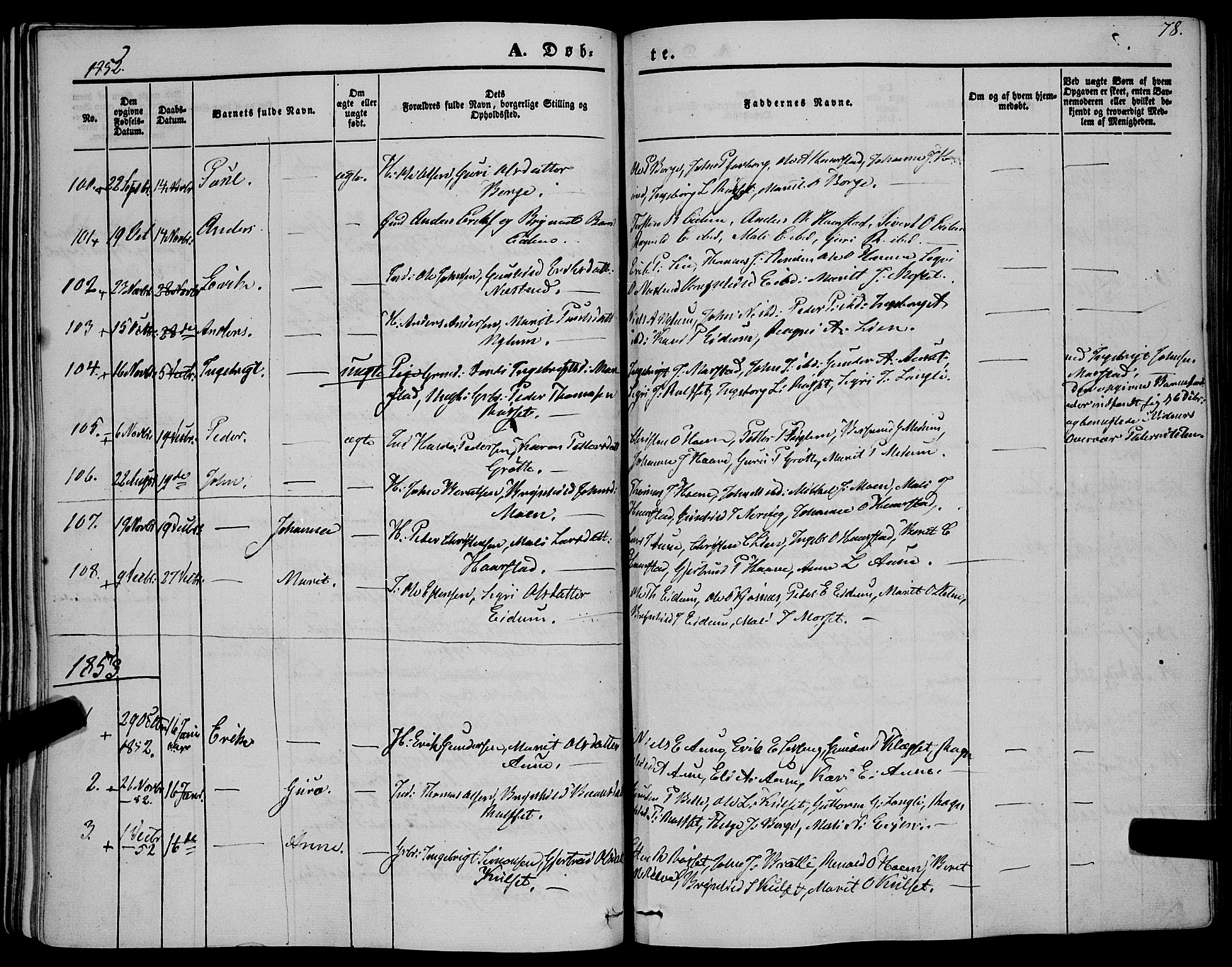 Ministerialprotokoller, klokkerbøker og fødselsregistre - Sør-Trøndelag, SAT/A-1456/695/L1145: Parish register (official) no. 695A06 /1, 1843-1859, p. 78