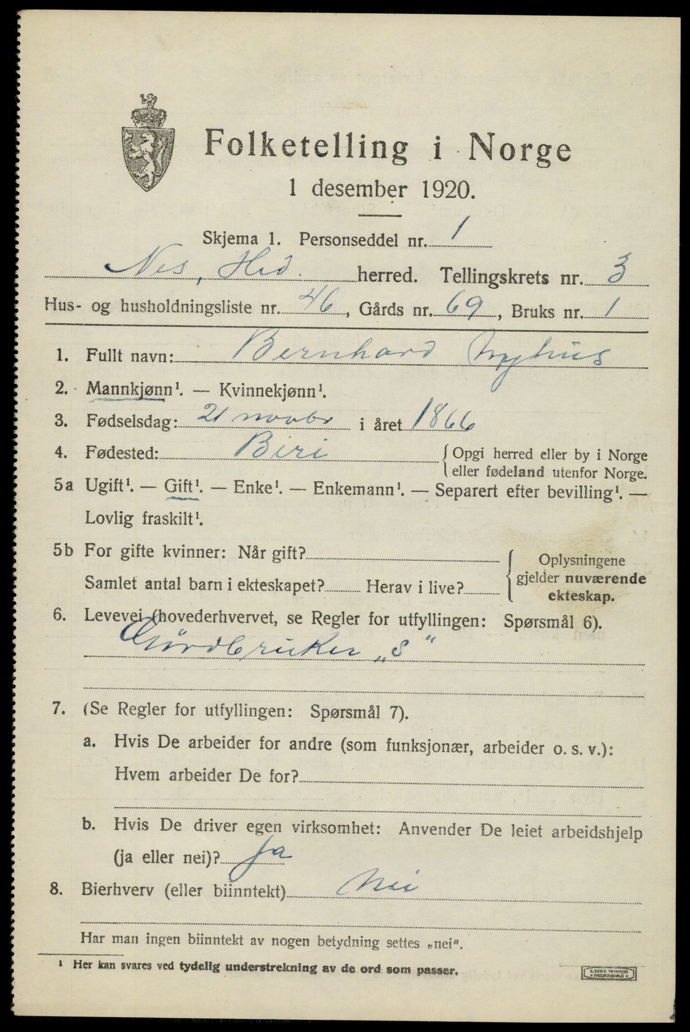 SAH, 1920 census for Nes (Hedmark), 1920, p. 5070