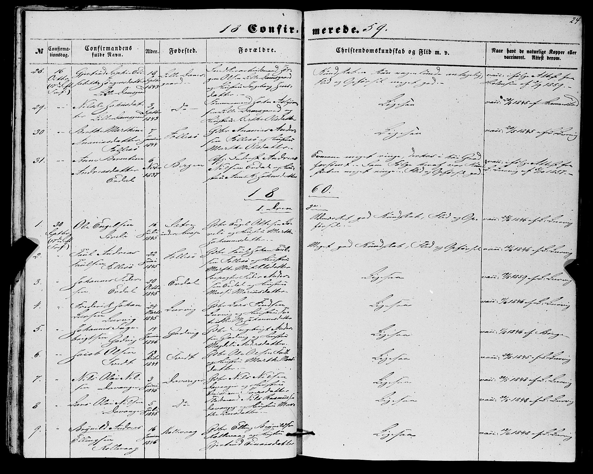 Askøy Sokneprestembete, SAB/A-74101/H/Ha/Haa/Haaa/L0012: Parish register (official) no. A 12, 1855-1877, p. 24