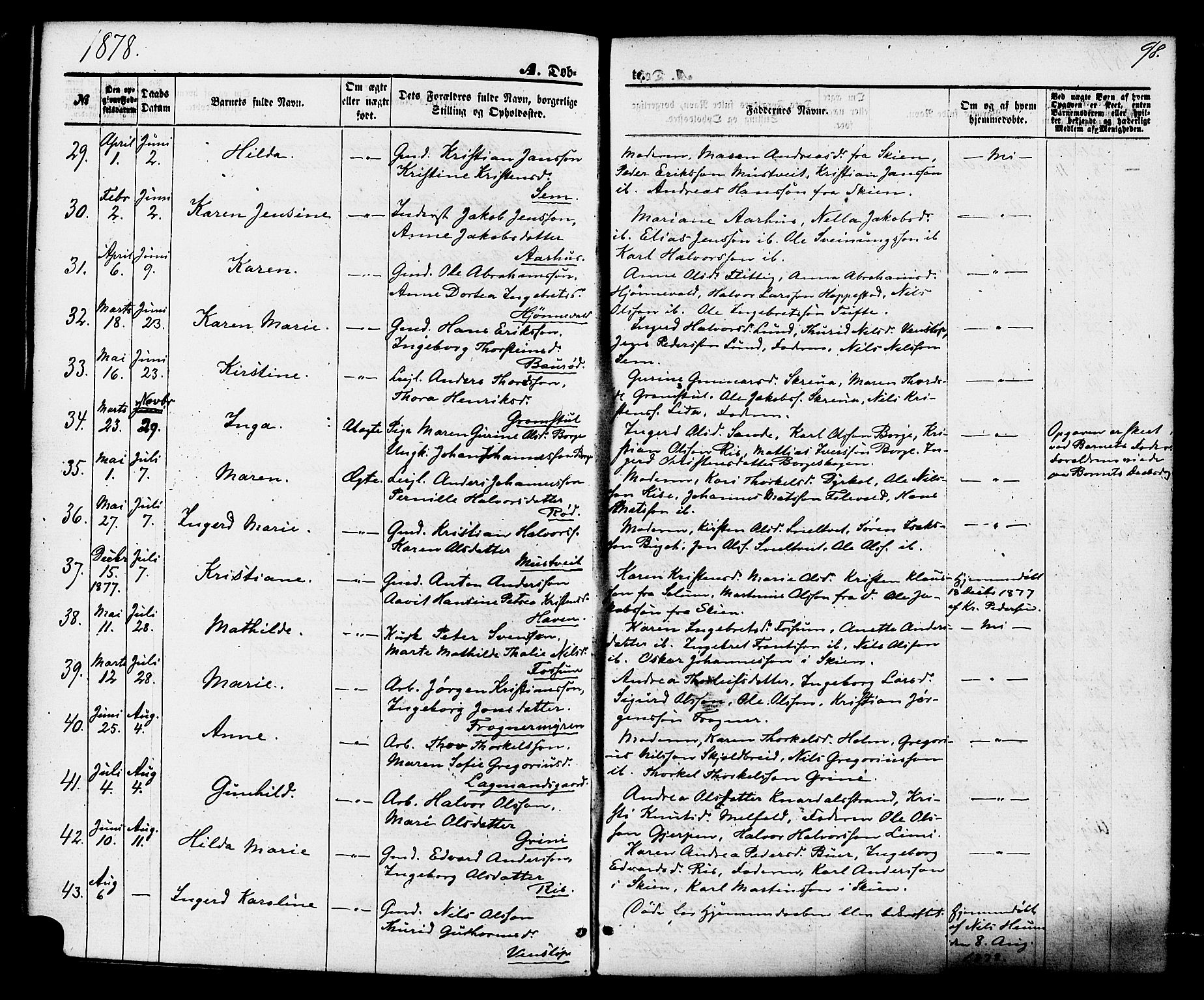 Gjerpen kirkebøker, SAKO/A-265/F/Fa/L0009: Parish register (official) no. I 9, 1872-1885, p. 98