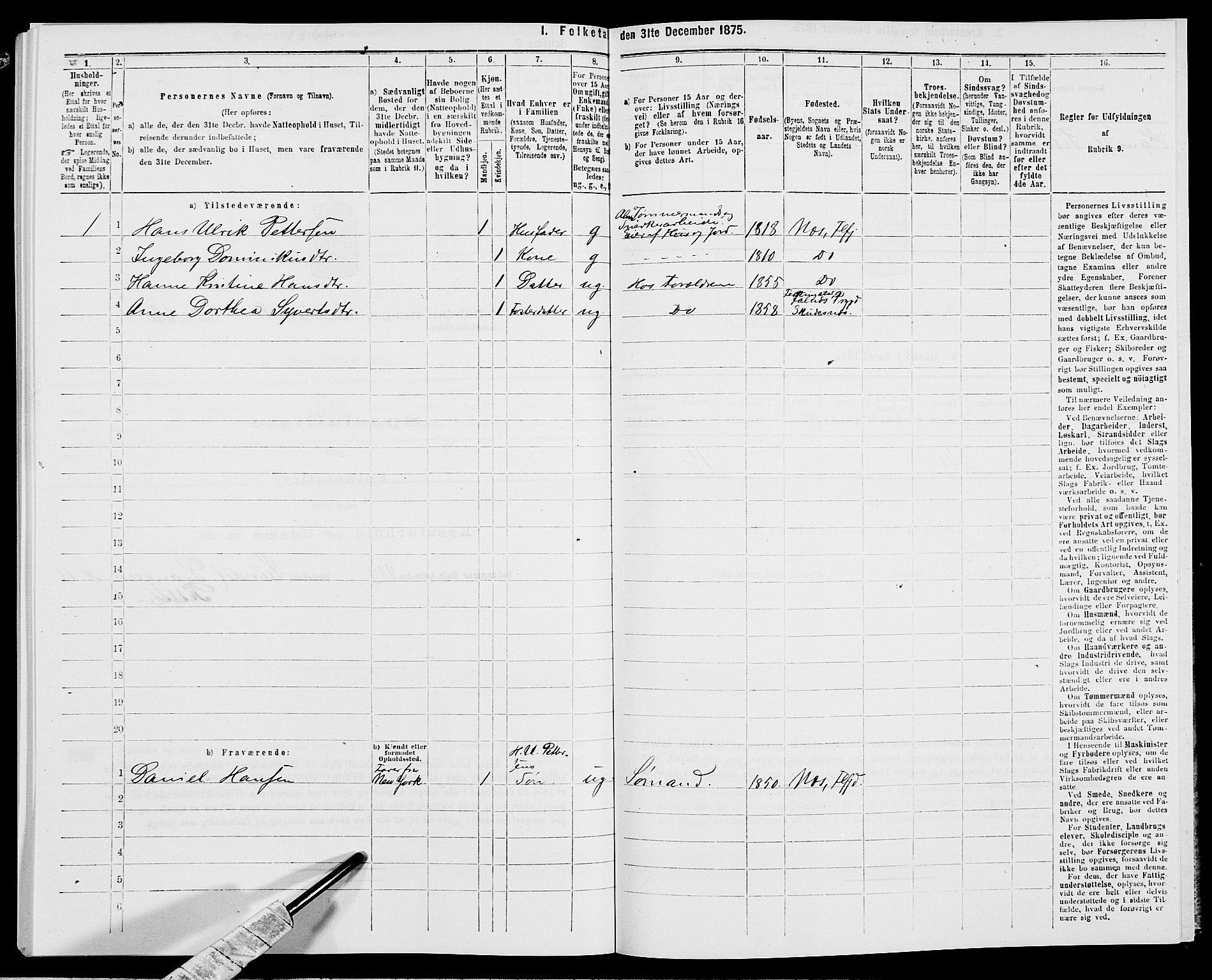 SAK, 1875 census for 1042L Flekkefjord/Nes og Hidra, 1875, p. 1055